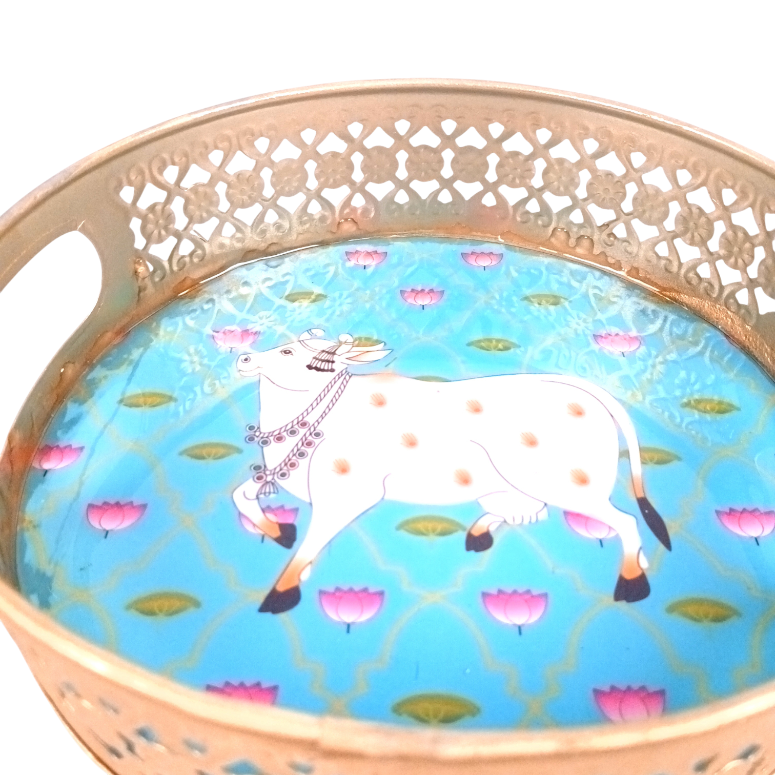 Pichwai Art Round Metal Tray | Decorative Metal Serving Tray for Home, Kitchen & Table Décor | Traditional Handmade Round Tray for Festive & Gifting Use - 8 Inch - Apkamart 