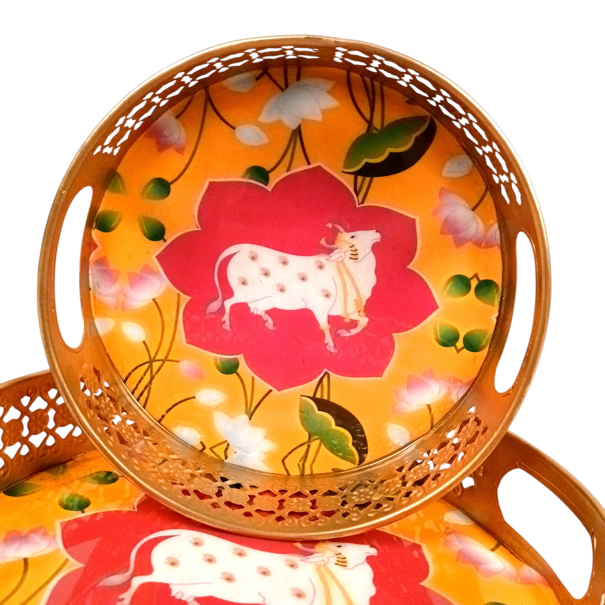 Round Serving Tray Set | Tray for Kitchen & Home Decor | Decorative Handicraft Tray | Beautiful Diwali Gift | Elegant Tray Set for Dining- 10 Inch (Set Of 2) - Apkamart