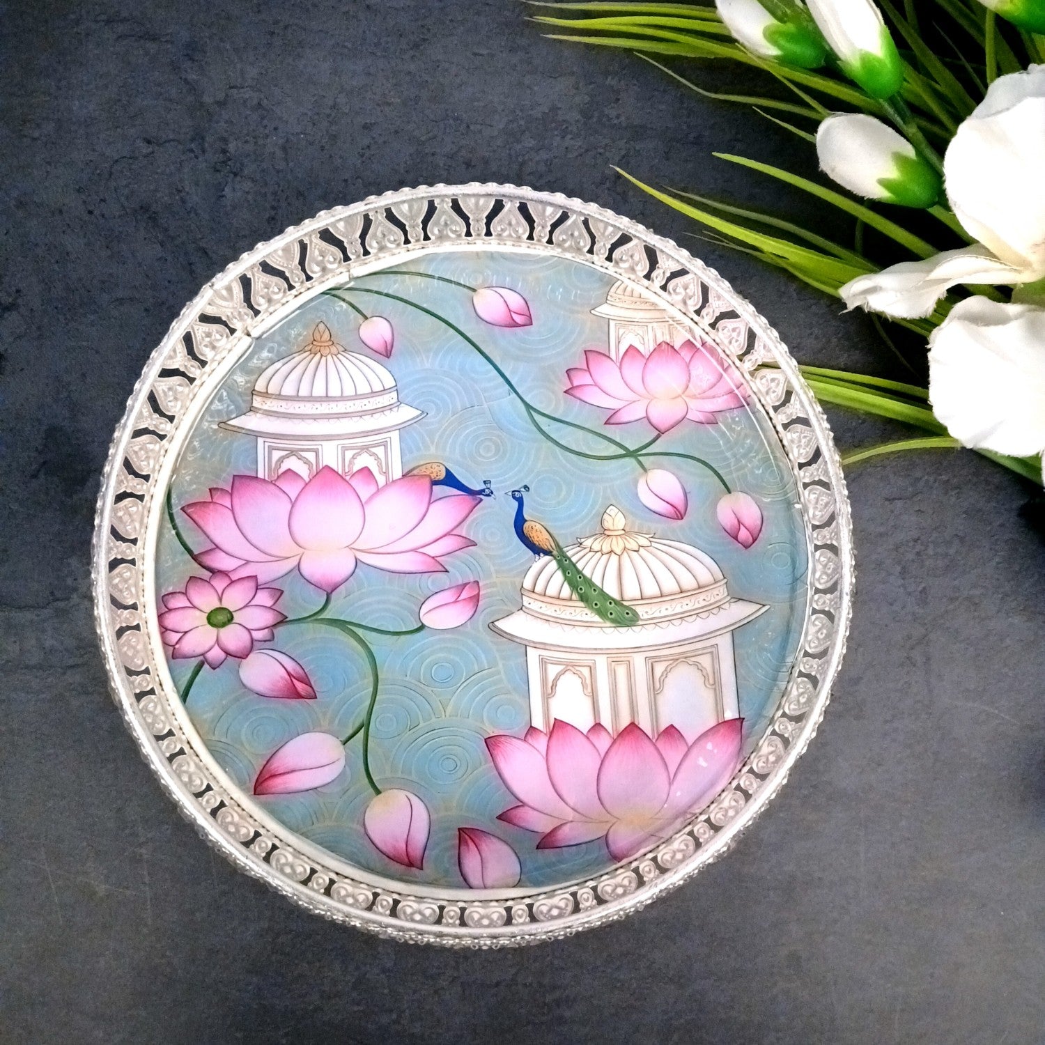 Round Serving Tray | Tray for Kitchen & Home Decor | Lotus Design| Handcrafted Decorative Tray | Beautiful Tray for Dining & Center Table - 8 Inch - Apkamart