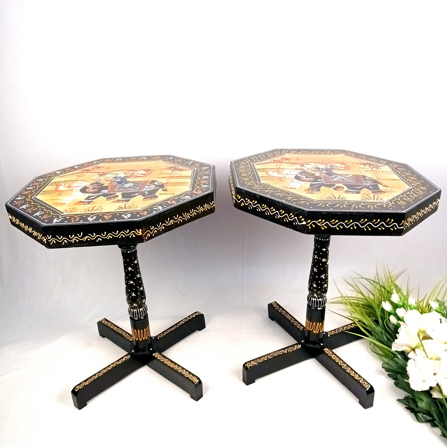 Wooden Stool Side Table | Handicraft End Table | Bed Side Table - For Living room, Sitting, Home Decor, Sofa Corner & Gifts - 20 Inch (Pack Of 2) - Apkamart