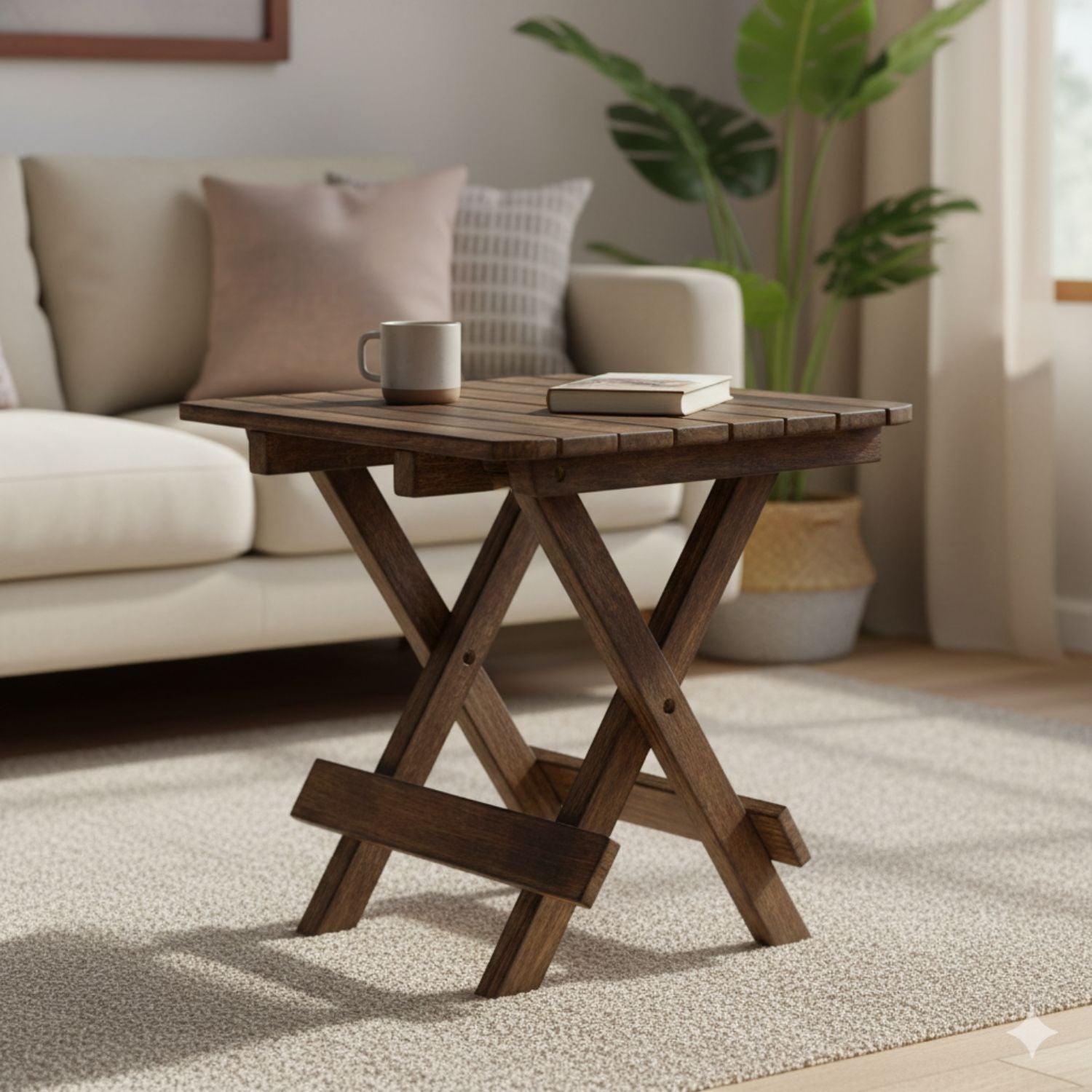 Portable Folding Stool Wooden Side Table | Foldable Wooden Stool for Home, Living Room, Balcony & Outdoor Use - 12 Inch - Apkamart