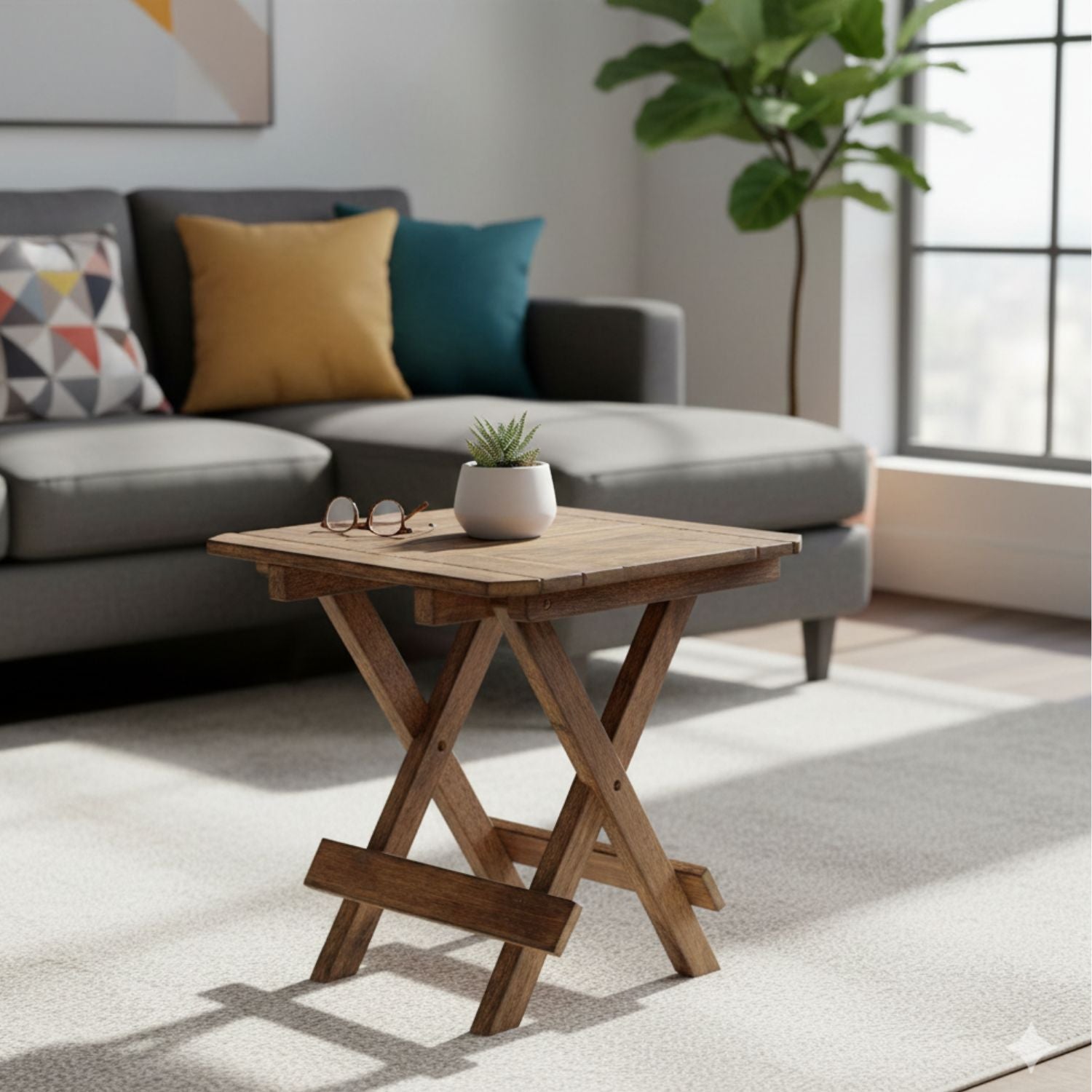 Portable Folding Stool Wooden Side Table | Foldable Wooden Stool for Home, Living Room, Balcony & Outdoor Use - 12 Inch - Apkamart