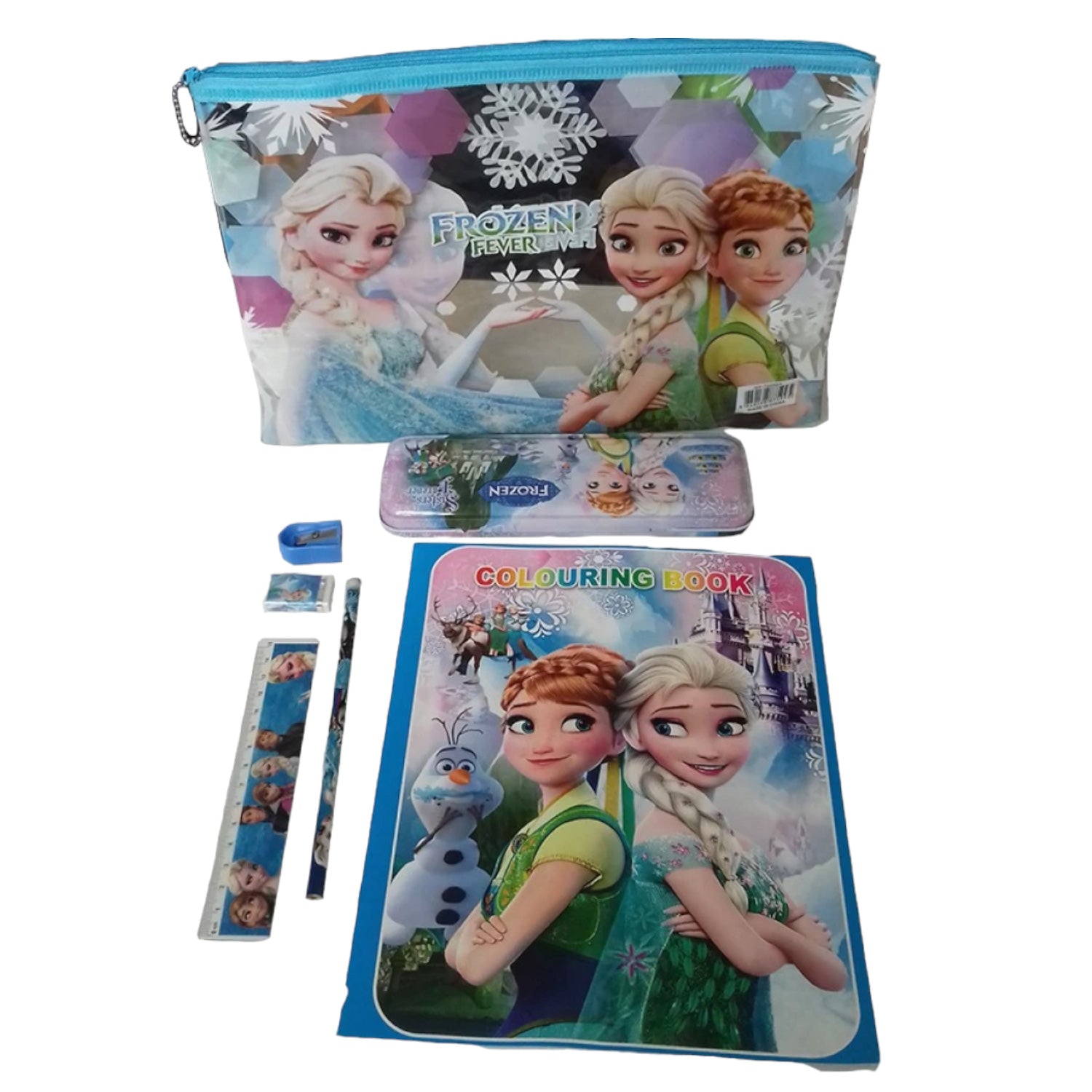 Stationery Kit | Pencil Pouch With Pencil Box, Pencil, Eraser, Sharpner, Scale & Colouring Book - Elsa Anna Design | Pen Pencil Case - for Kids School Supplies & Birthday Return Gifts - Apkamart 