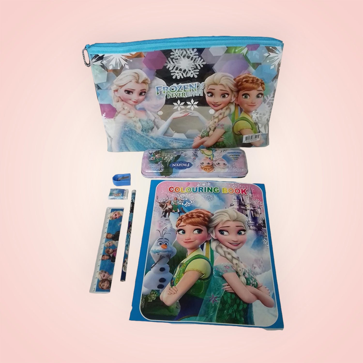 Stationery Kit | Pencil Pouch With Pencil Box, Pencil, Eraser, Sharpner, Scale & Colouring Book - Elsa Anna Design | Pen Pencil Case - for Kids School Supplies & Birthday Return Gifts - Apkamart