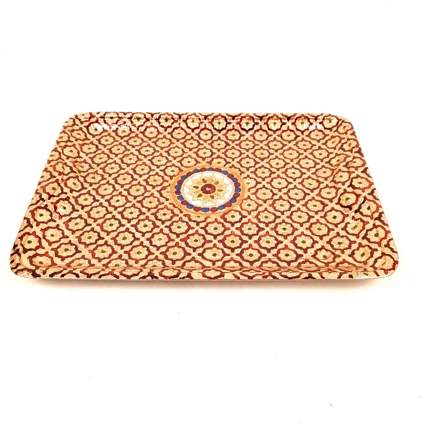 Steel Serving Tray with Meenakari Work | Decorative Trays for Tea, Coffee & Snacks - for Home, Dining Table, Festivals, Kitchen & Gifts - 15 inch - Apkamart