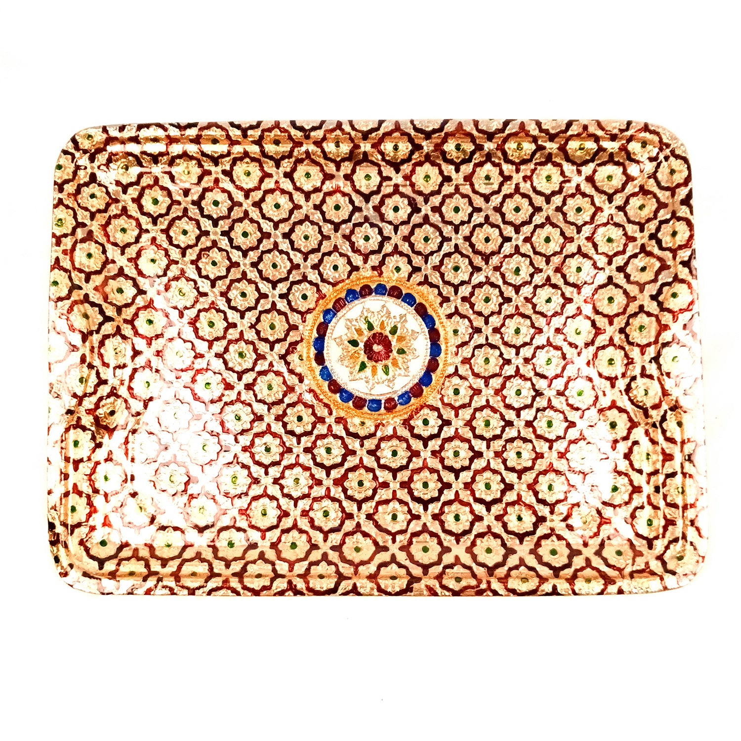 Steel Serving Tray with Meenakari Work | Decorative Trays for Tea, Coffee & Snacks - for Home, Dining Table, Festivals, Kitchen & Gifts - 15 inch - Apkamart