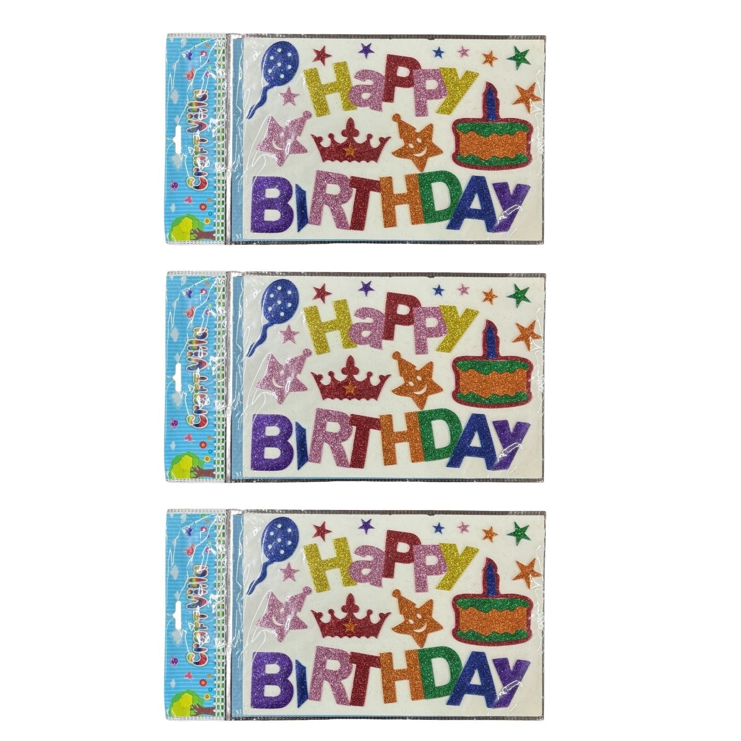 Glitter Sticker Set with Happy Birthday Design | Glitter Foam Sheet Sticker | Self Adhesive Glitter Stickers for Kids Craft DIY Projects Scrapbooking School Use - Apkamart #Style_Pack Of 3