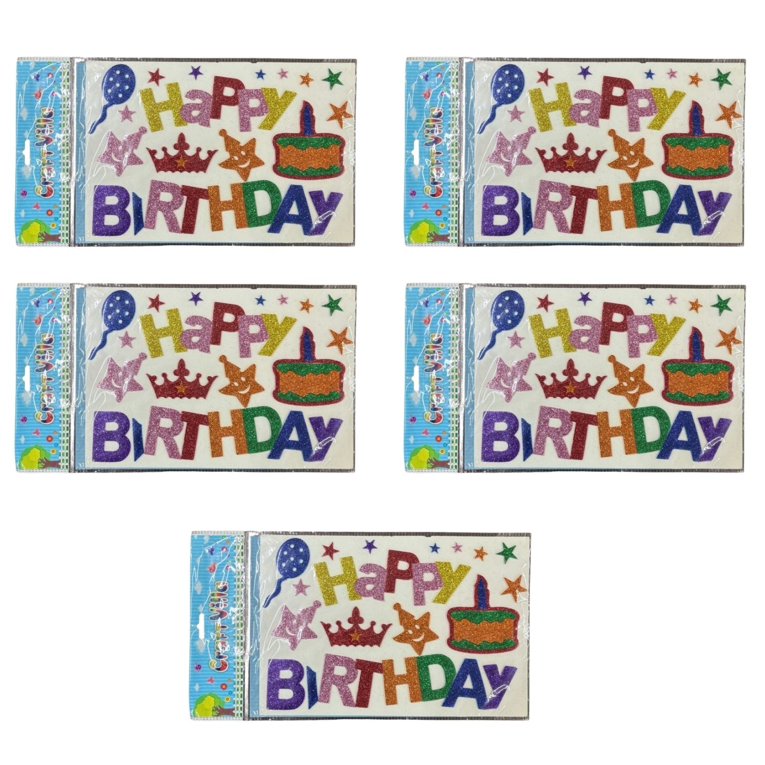 Glitter Sticker Set with Happy Birthday Design | Glitter Foam Sheet Sticker | Self Adhesive Glitter Stickers for Kids Craft DIY Projects Scrapbooking School Use - Apkamart #Style_Pack Of 5