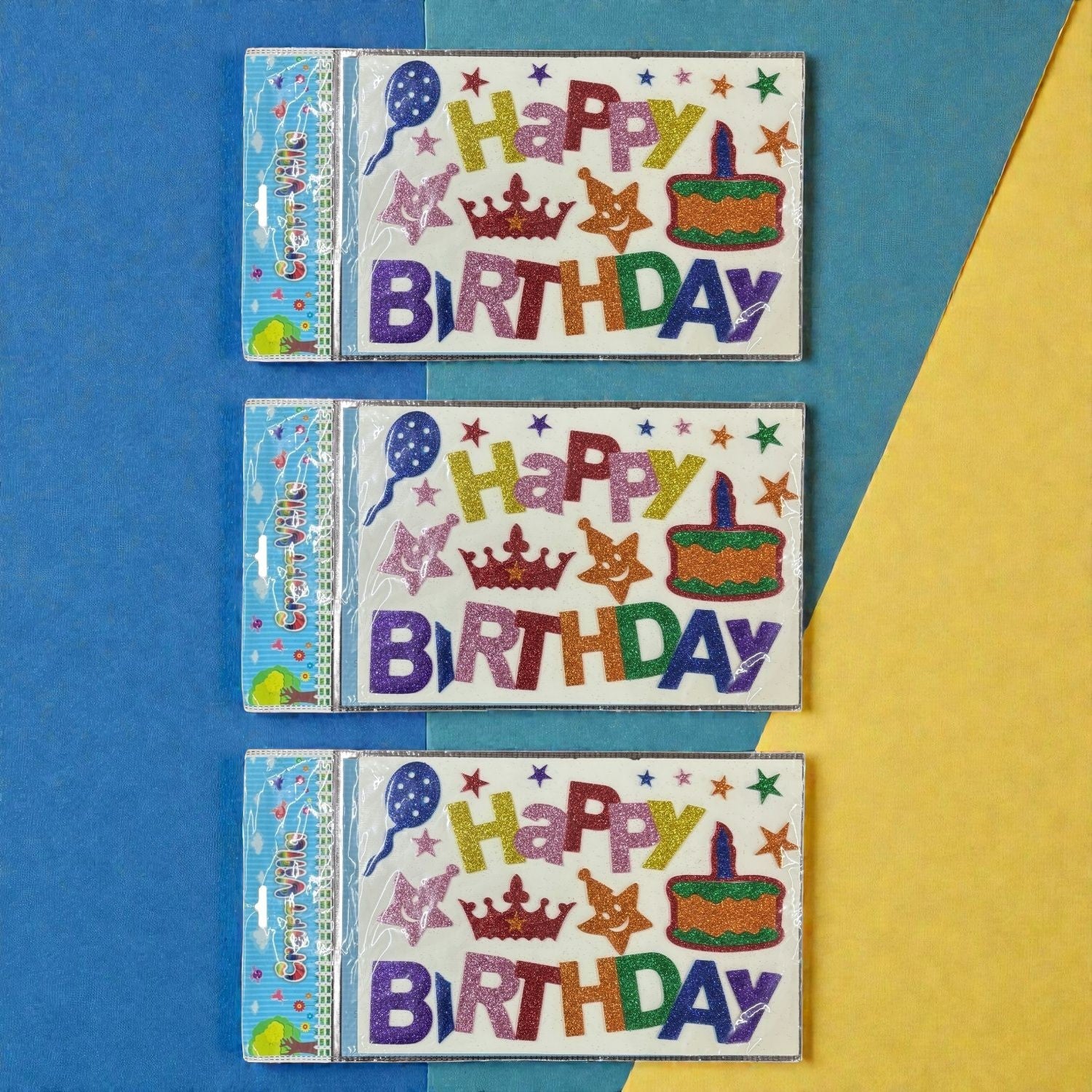 Glitter Sticker Set with Happy Birthday Design | Glitter Foam Sheet Sticker | Self Adhesive Glitter Stickers for Kids Craft DIY Projects Scrapbooking School Use - Apkamart #Style_Pack Of 3