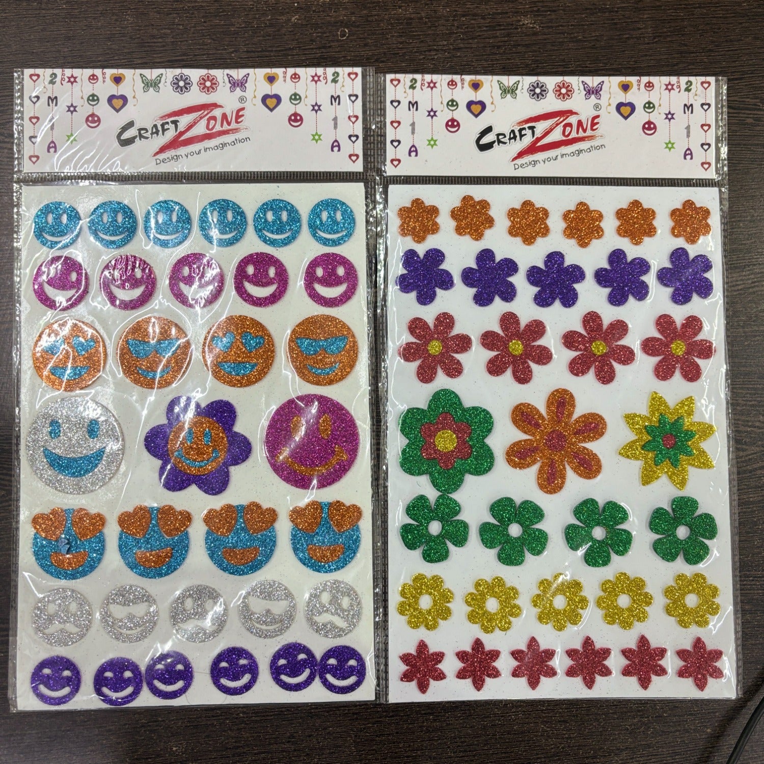 Glitter Sticker Set with Smile & Flower Design | Glitter Foam Sheet Sticker | Self Adhesive Glitter Stickers for Kids Craft DIY Projects Scrapbooking School Use - (pack Of 1)