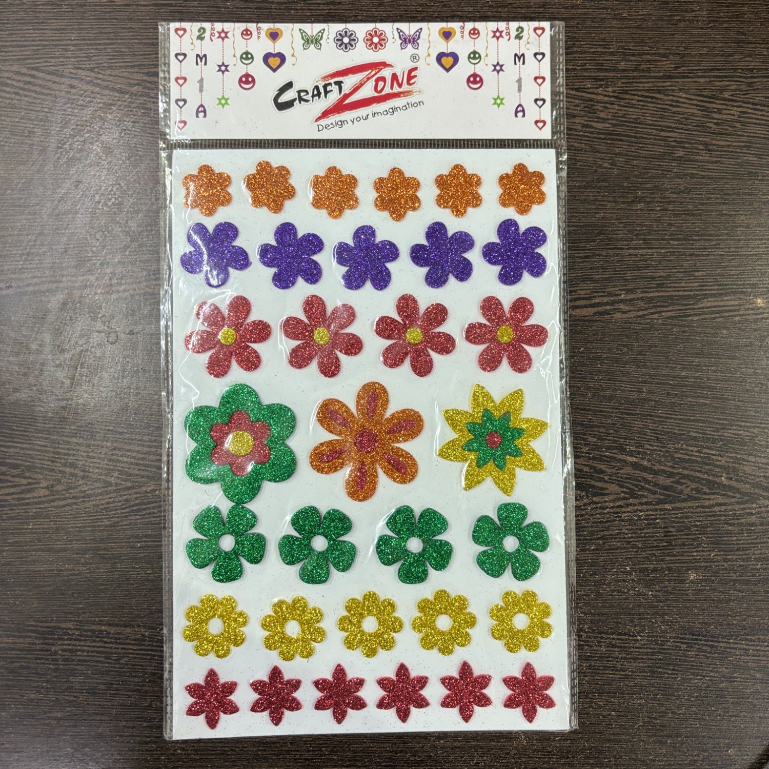 Glitter Sticker Set with Smile & Flower Design | Glitter Foam Sheet Sticker | Self Adhesive Glitter Stickers for Kids Craft DIY Projects Scrapbooking School Use - (pack Of 1)