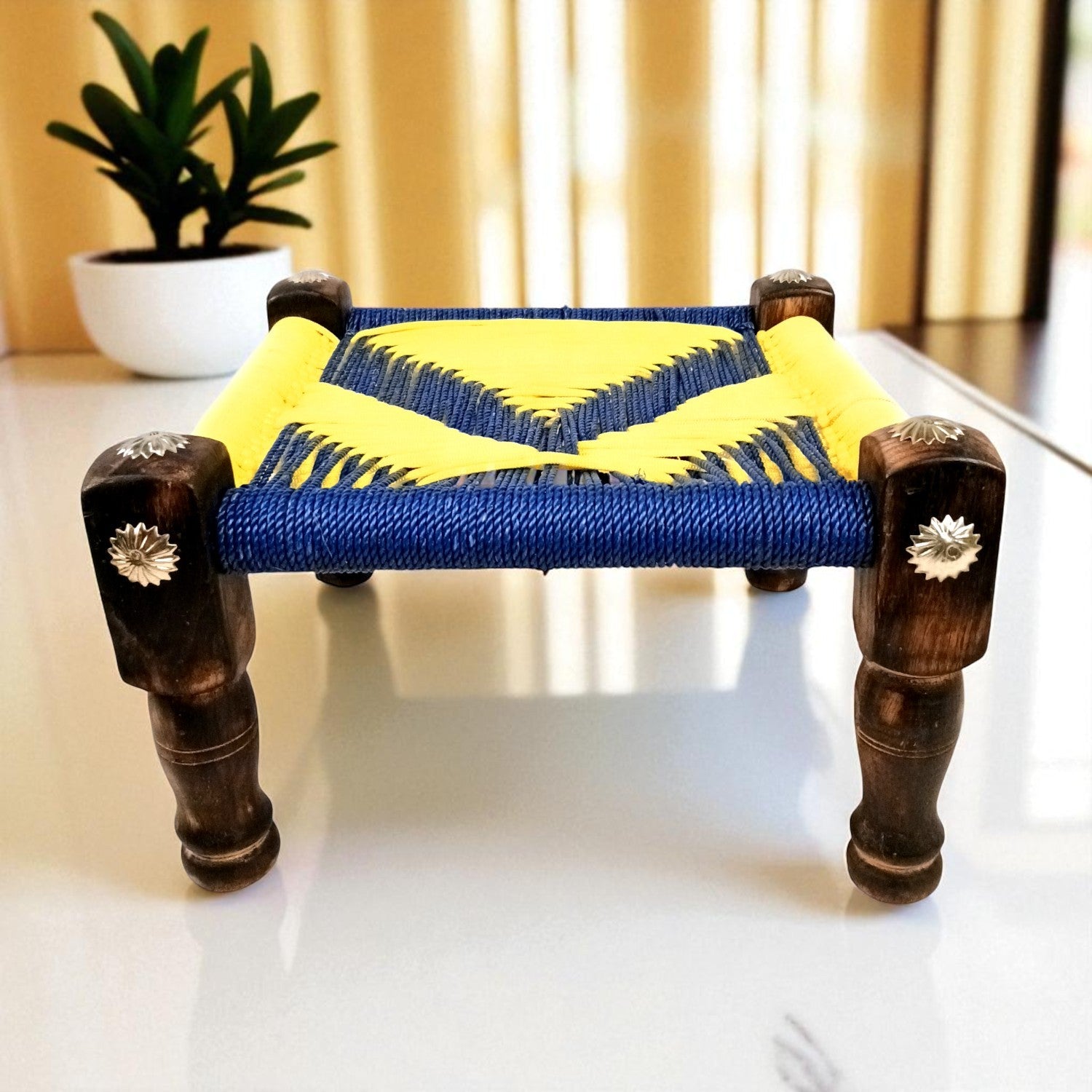 Wooden Pidha Stool | Rajasthani Handicraft Mudda Pidda Bajot | Small-Sized Khatli Charpai Chowki - 11 Inch - Apkamart #Style_Design 1