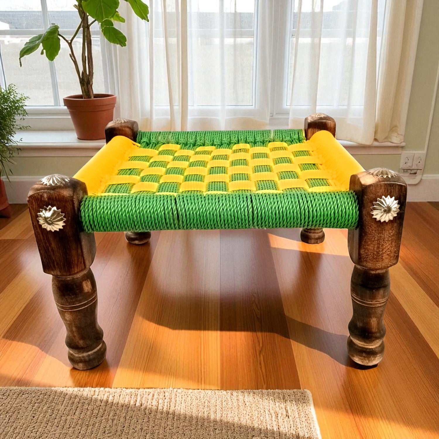 Wooden Pidha Stool | Rajasthani Handicraft Mudda Pidda Bajot | Small-Sized Khatli Charpai Chowki - 11 Inch - Apkamart #Style_Design 2