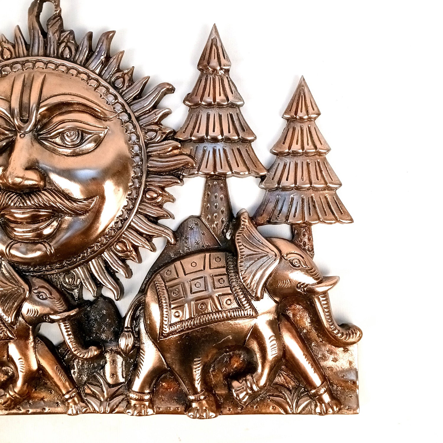 Sun With 3 Elephants Wall Hanging - For Vastu, Feng Shui, Home, Office, Living Room Wall Decor & Gifts (Metal - Alloy, Color - Copper Shade, Size - 20 Inch) - Apkamart