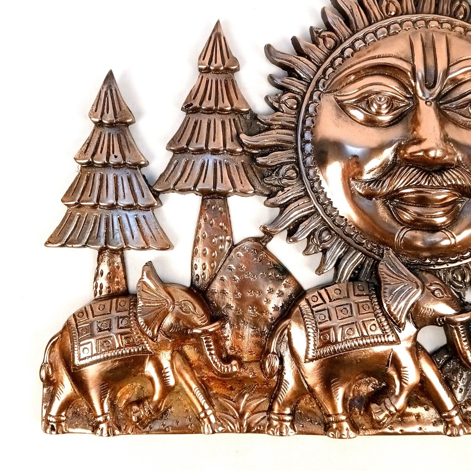Sun With 3 Elephants Wall Hanging Large Vastu Copper - 20 Inch - Apkamart
