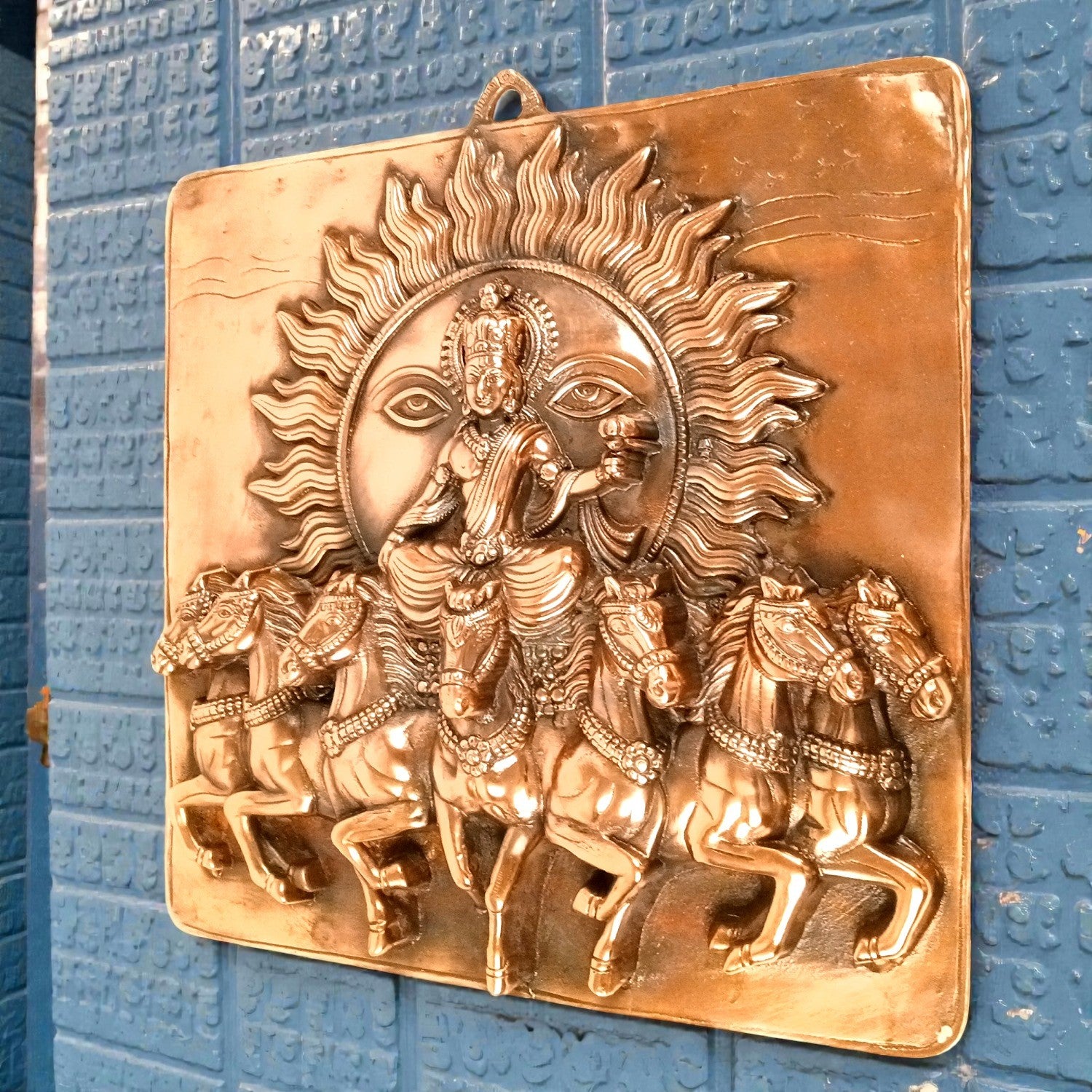 Surya Dev with Seven Running Horses Wall Hanging | Sun God Metal Wall Decor for Home, Living Room & Mandir | Vastu Auspicious Decorative Wall Art for Gifting - 20 Inch - Apkamart