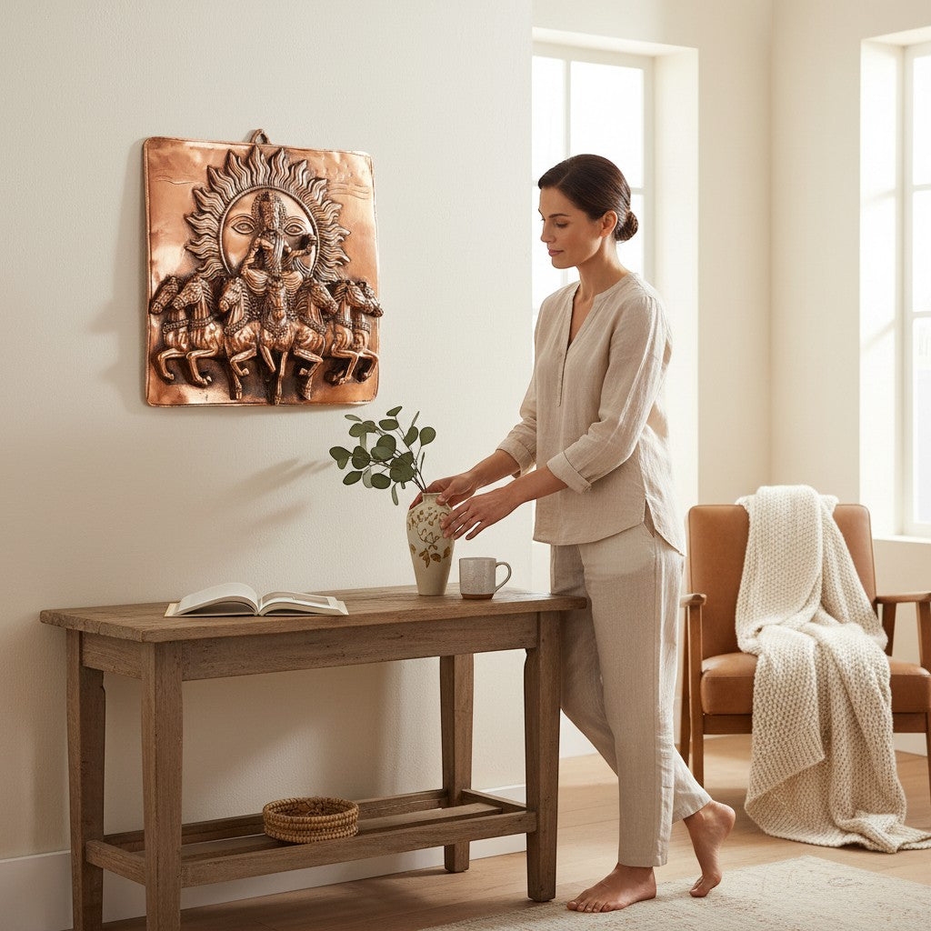 Surya Dev with Seven Running Horses Wall Hanging | Sun God Metal Wall Decor for Home, Living Room & Mandir | Vastu Auspicious Decorative Wall Art for Gifting - 20 Inch - Apkamart