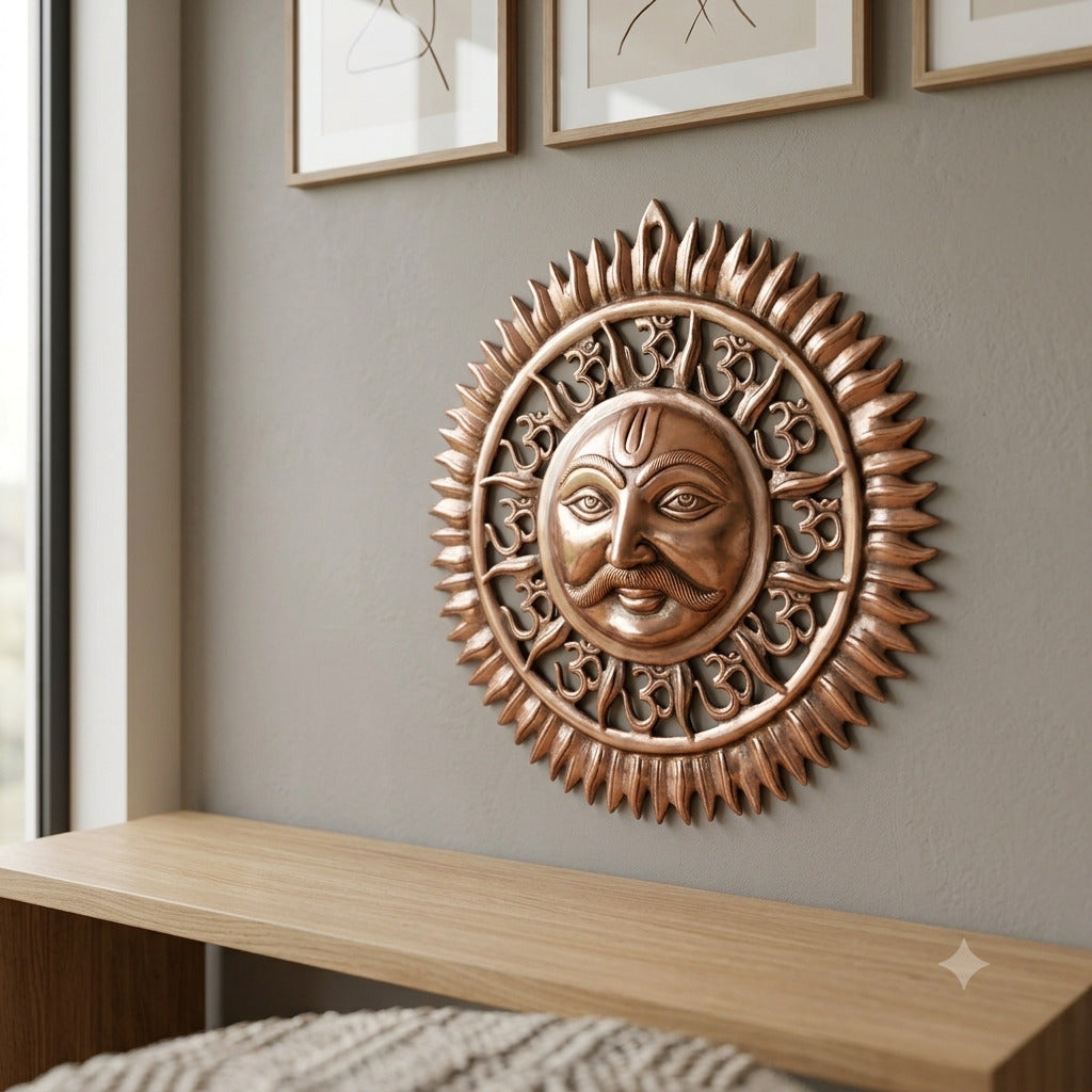 Surya Dev Wall Hanging with Om, Alloy-Copper – 22 Inch-Apkamart
