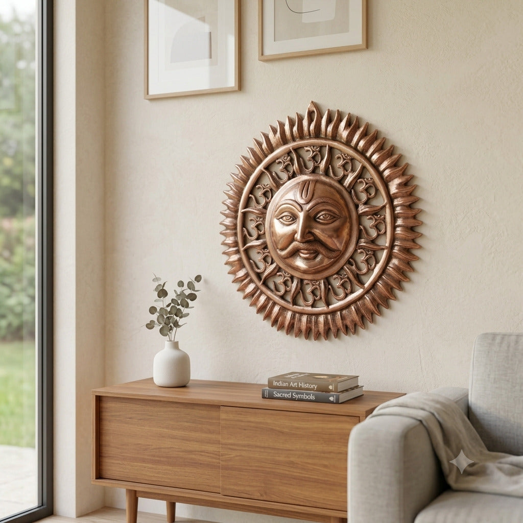 Surya Dev Wall Hanging with Om, Alloy-Copper – 22 Inch-Apkamart