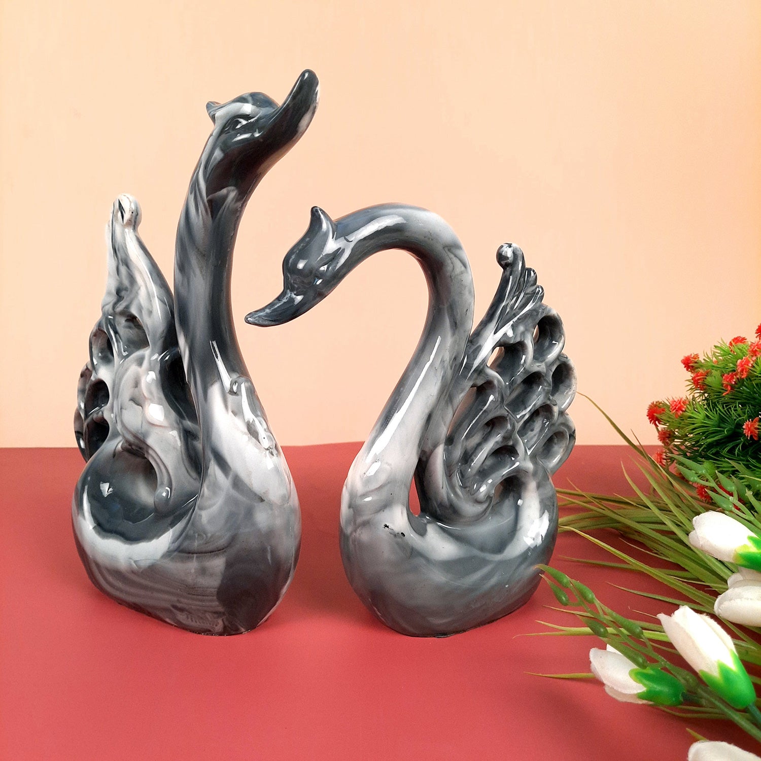 Swan Pair Showpiece | Swan Couple Statue | Kissing Duck Set - For Home, Table, Office, Desk Decor, Gift for him her - 10 inch - apkamart #Color_Grey