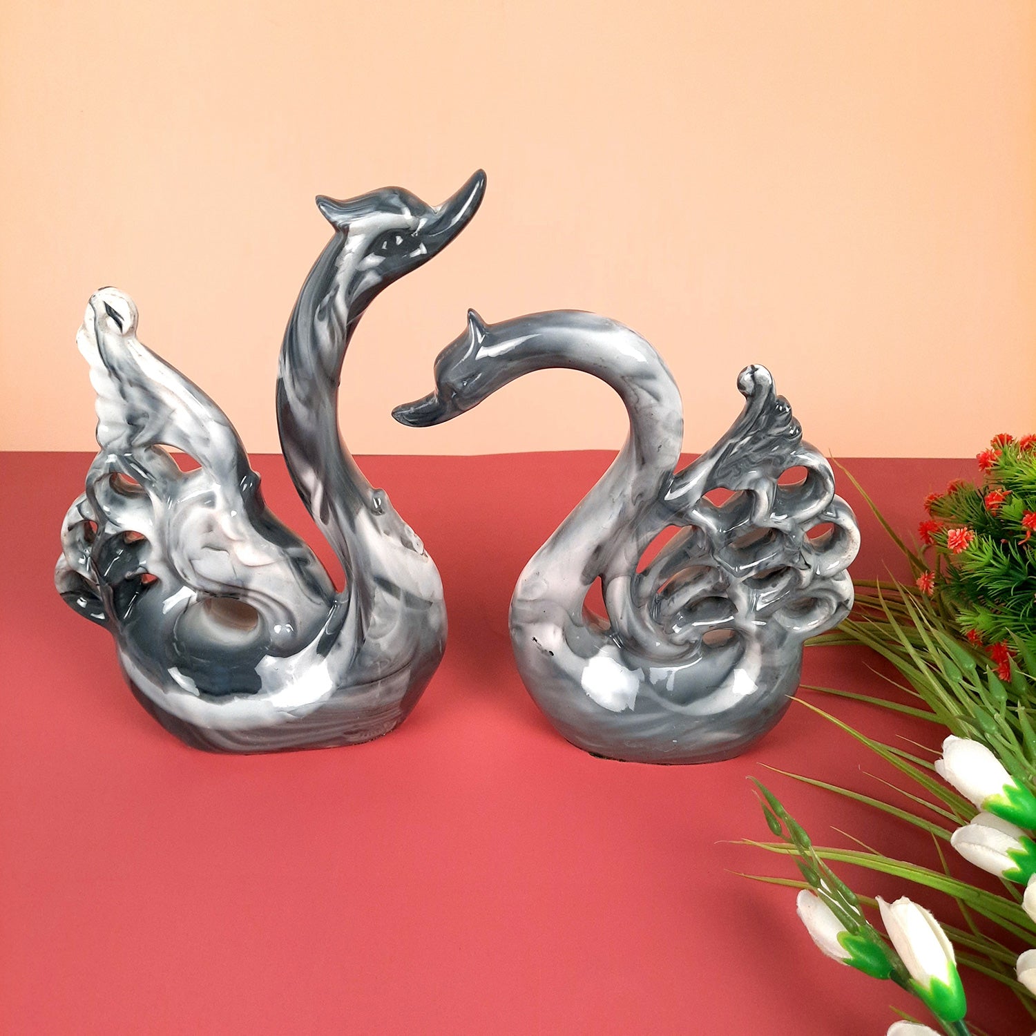 Swan Pair Showpiece | Swan Couple Statue | Kissing Duck Set - For Home, Table, Office, Desk Decor, Gift for him her - 10 inch - apkamart #Color_Grey