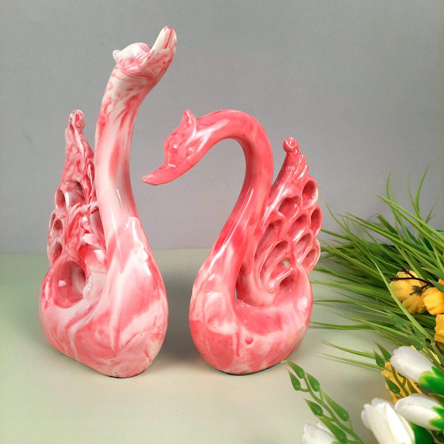 Swan Pair Showpiece | Swan Couple Statue | Kissing Duck Set - For Home, Table, Office, Desk Decor, Gift for him her - 10 inch - apkamart #Color_Pink