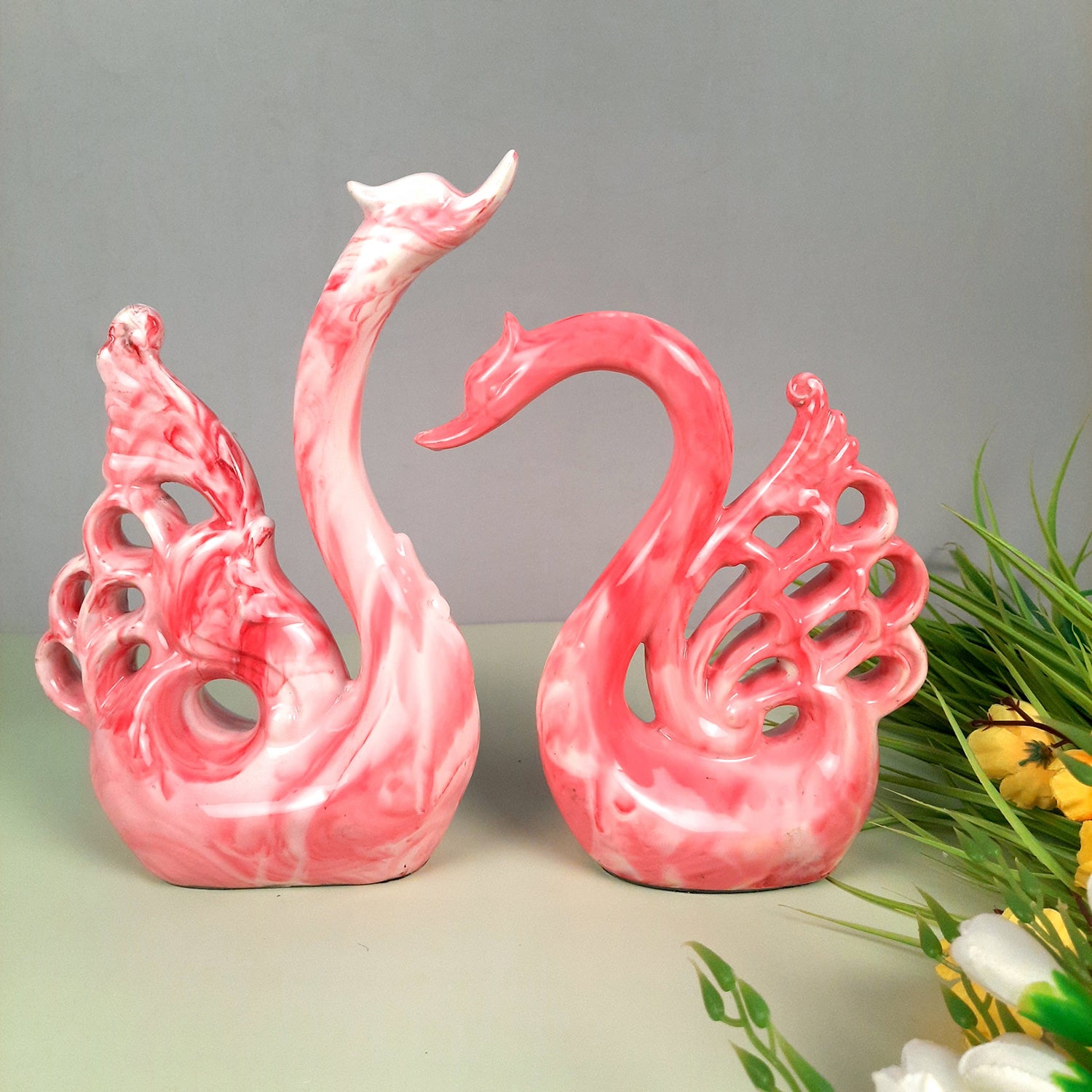 Swan Pair Showpiece | Swan Couple Statue | Kissing Duck Set - For Home, Table, Office, Desk Decor, Gift for him her - 10 inch - apkamart #Color_Pink