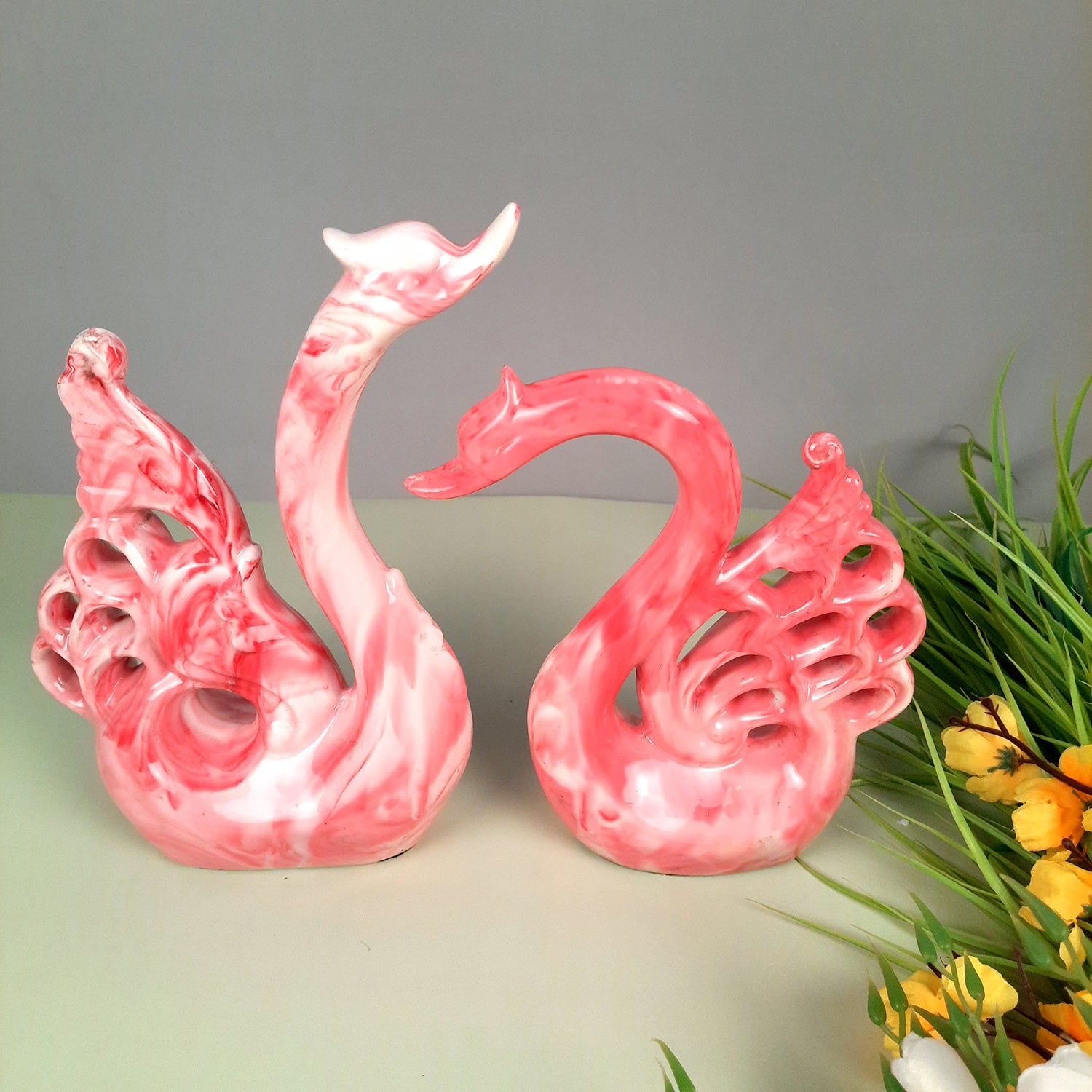 Swan Pair Showpiece | Swan Couple Statue | Kissing Duck Set - For Home, Table, Office, Desk Decor, Gift for him her - 10 inch - apkamart #Color_Pink