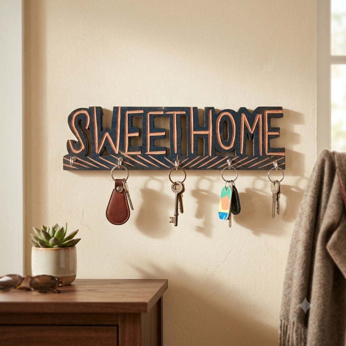 Sweet Home Wooden Key Holder ,5 Hooks Entrance Decor- 12 Inch