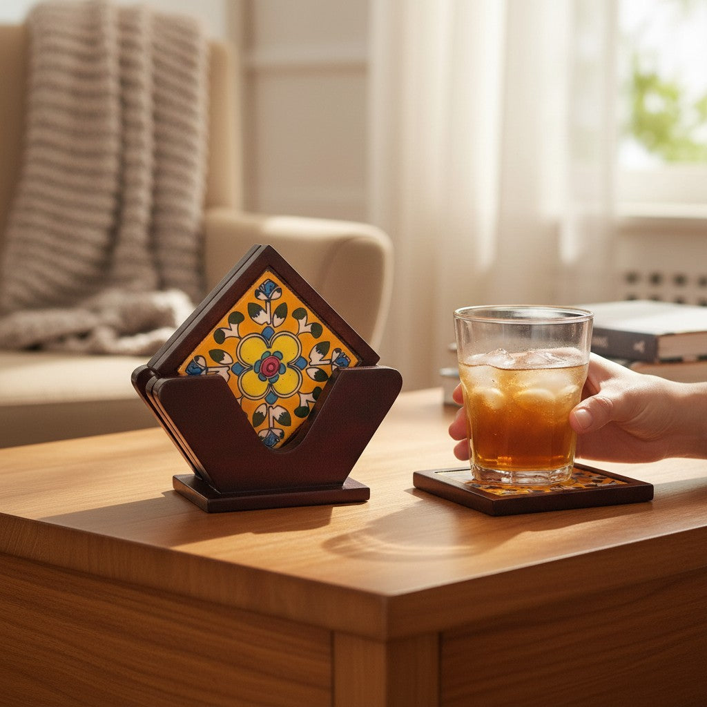 Tea Coaster Set With Ceramic Tile – 3 Inch (4 Coasters) - Apkamart