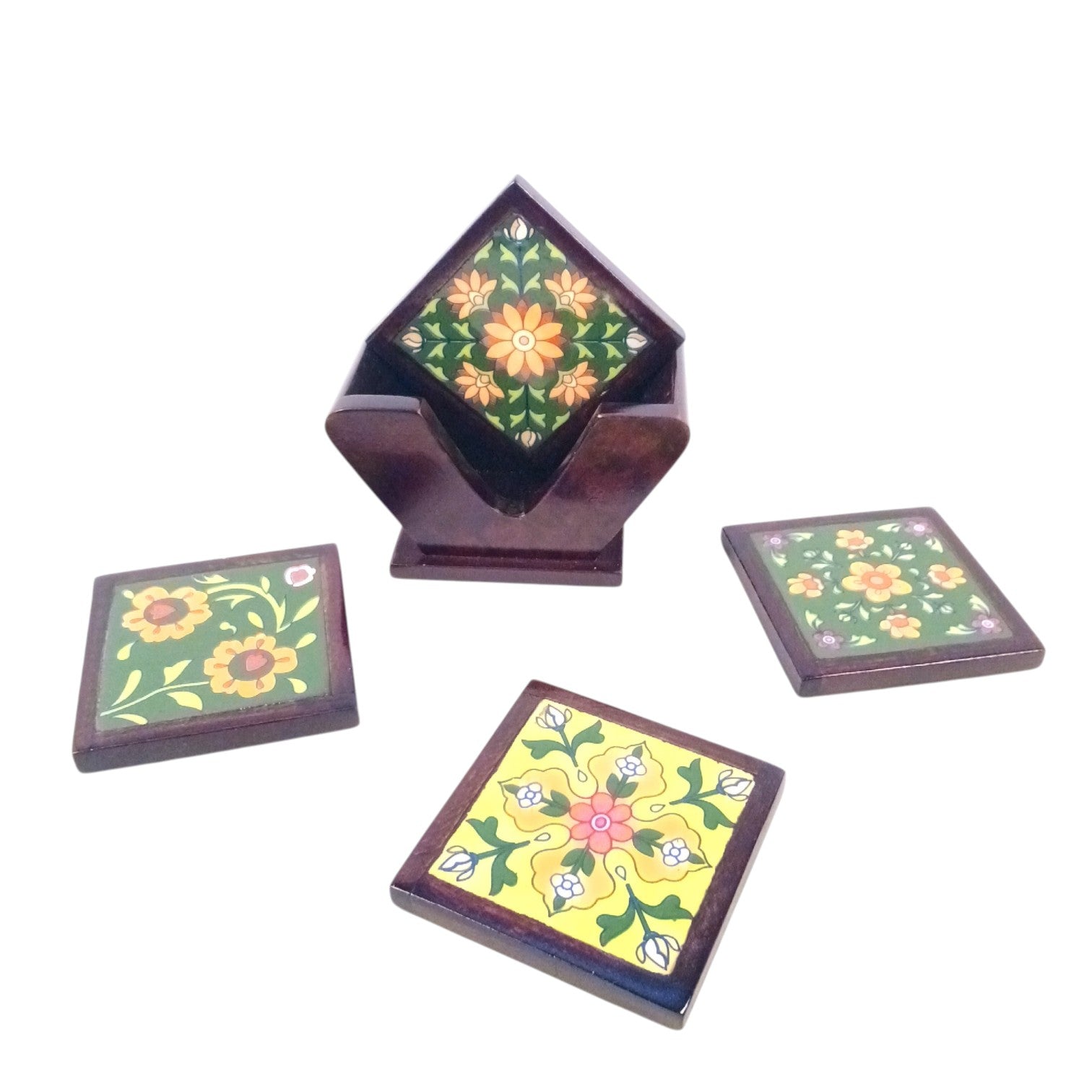 Wooden Tea Coaster With Ceramic Tile – 3 Inch (4 Coasters) - Apkamart