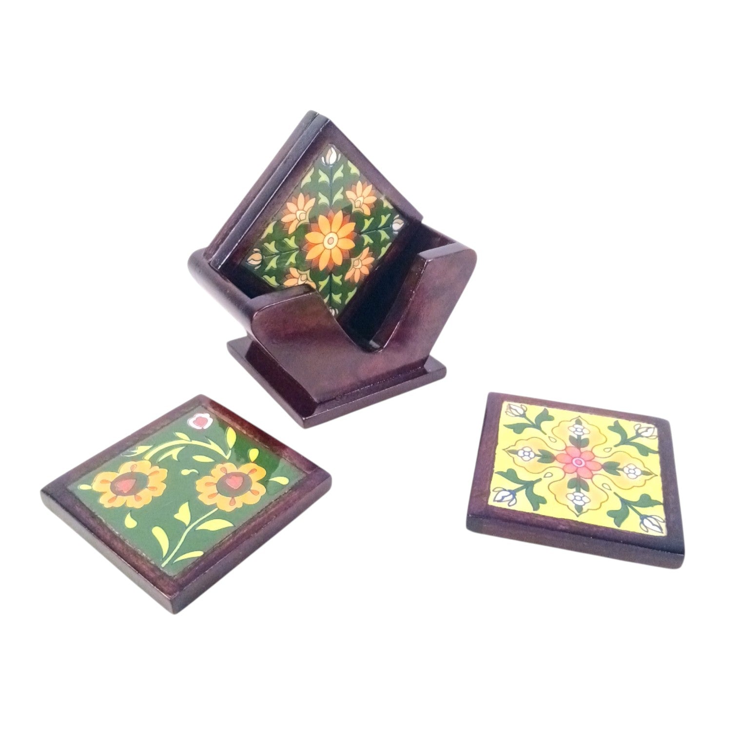 Wooden Tea Coaster With Ceramic Tile – 3 Inch (4 Coasters) - Apkamart