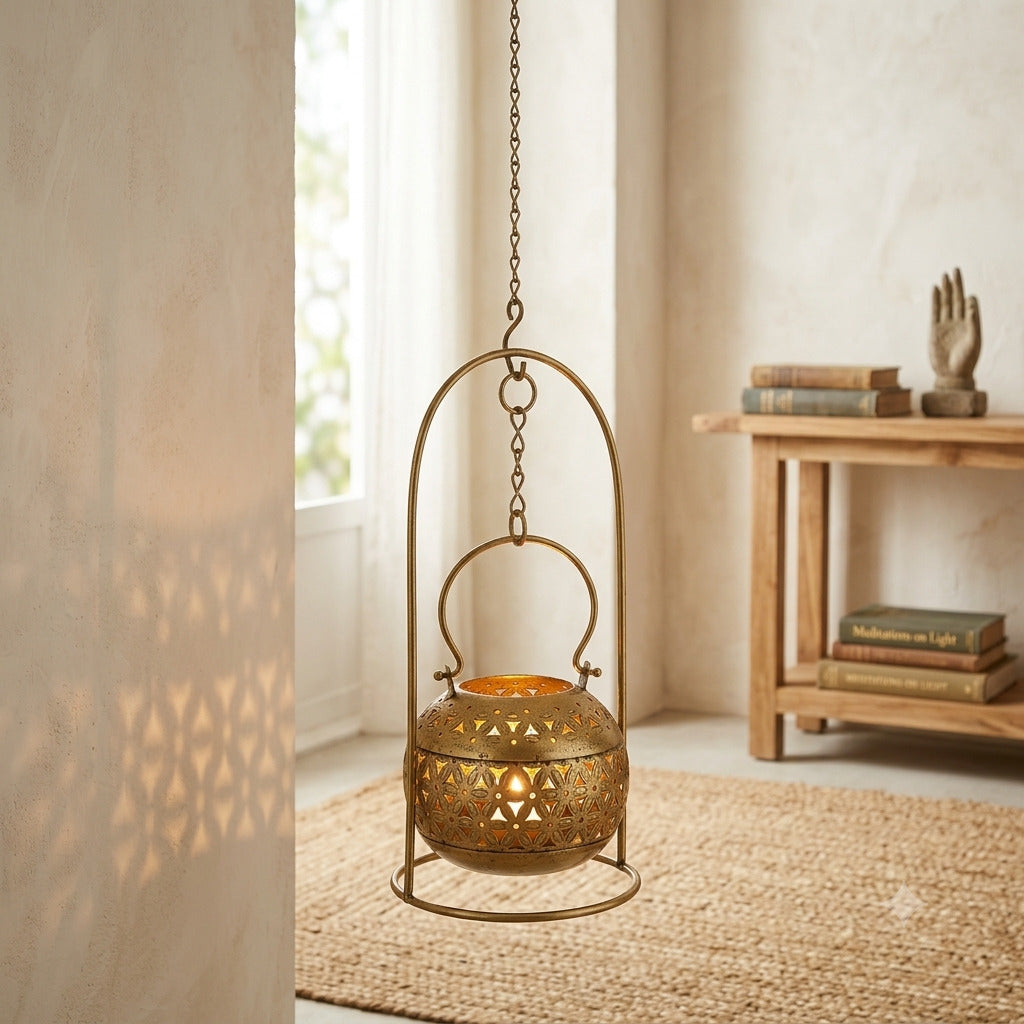 Tea Light Holder with Stand | Iron Hanging Lantern Candle Holder | Decorative Tealight Stand - 7 Inch