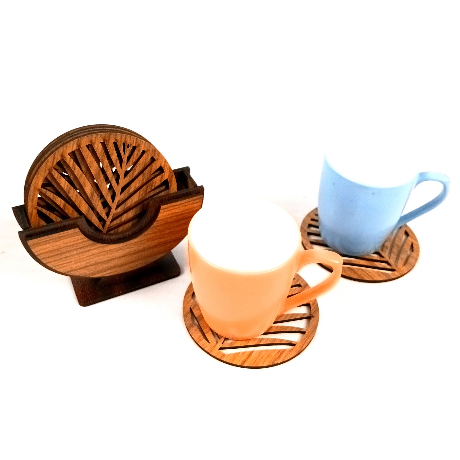 Tea Coasters | Wooden Coffee Coaster Set With Stand | Heat Pad | Dining Table Decor - For Kitchen, Tables, Hot Pots, Cups, Mugs - 5 Inch - Apkamart