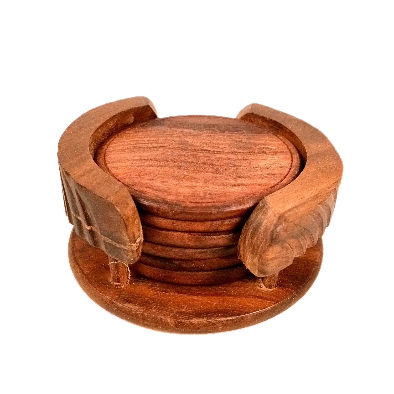 Tea Coasters | Wooden Coffee Coaster Set With Stand | Heat Pad | Dining Table Decor - For Kitchen, Bar, Tables, Hot Pots, Cups, Mugs - 4 Inch - Apkamart