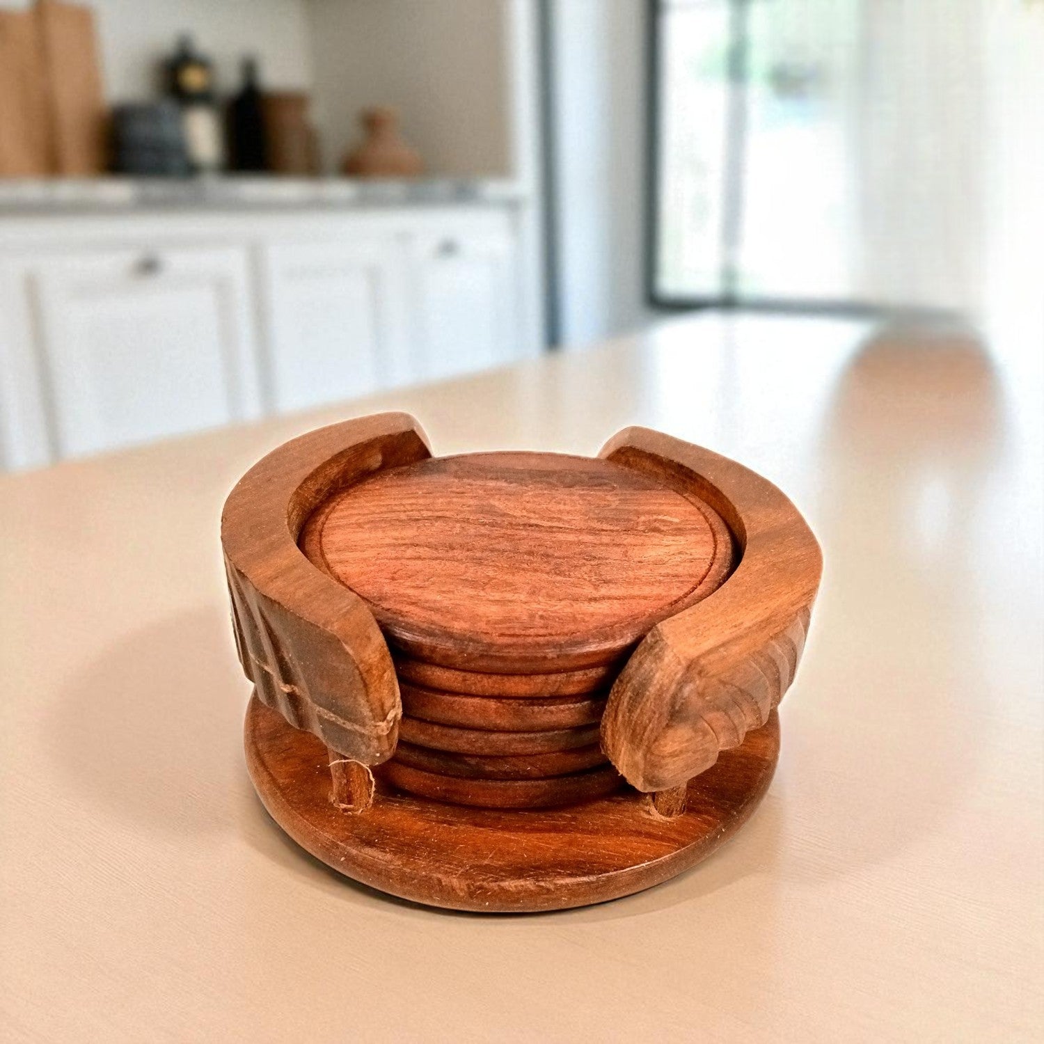 Tea Coasters | Wooden Coffee Coaster Set With Stand | Heat Pad | Dining Table Decor - For Kitchen, Bar, Tables, Hot Pots, Cups, Mugs - 4 Inch - Apkamart