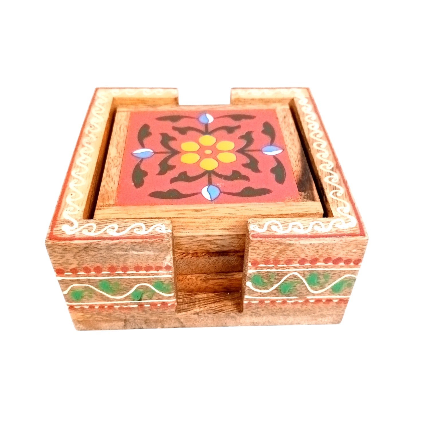 Wooden Tea Coaster Set | Handcrafted Tile Coasters for Tea, Coffee & Drinks | Wooden Table Coasters for Dining, Office, Kitchen & Home Decor - 4 Inch - Apkamart