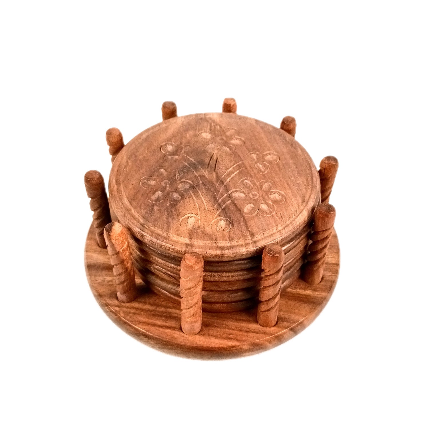 Tea Coasters | Wooden Coffee Coaster Set With Stand | Heat Pad | Dining Table Decor - For Kitchen, Bar, Tables, Hot Pots, Cups, Mugs - 5 Inch - Apkamart