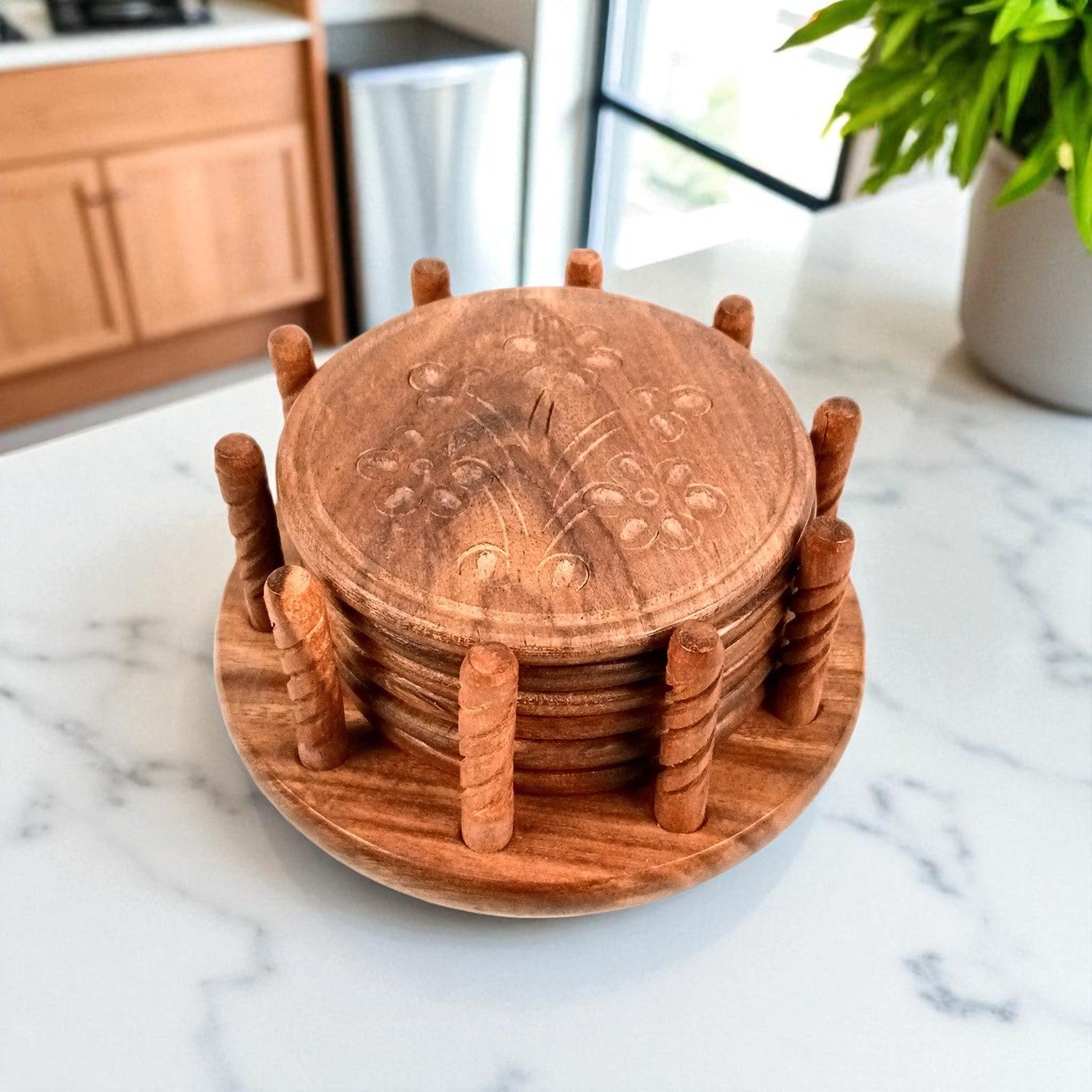 Tea Coasters | Wooden Coffee Coaster Set With Stand | Heat Pad | Dining Table Decor - For Kitchen, Bar, Tables, Hot Pots, Cups, Mugs - 5 Inch - Apkamart