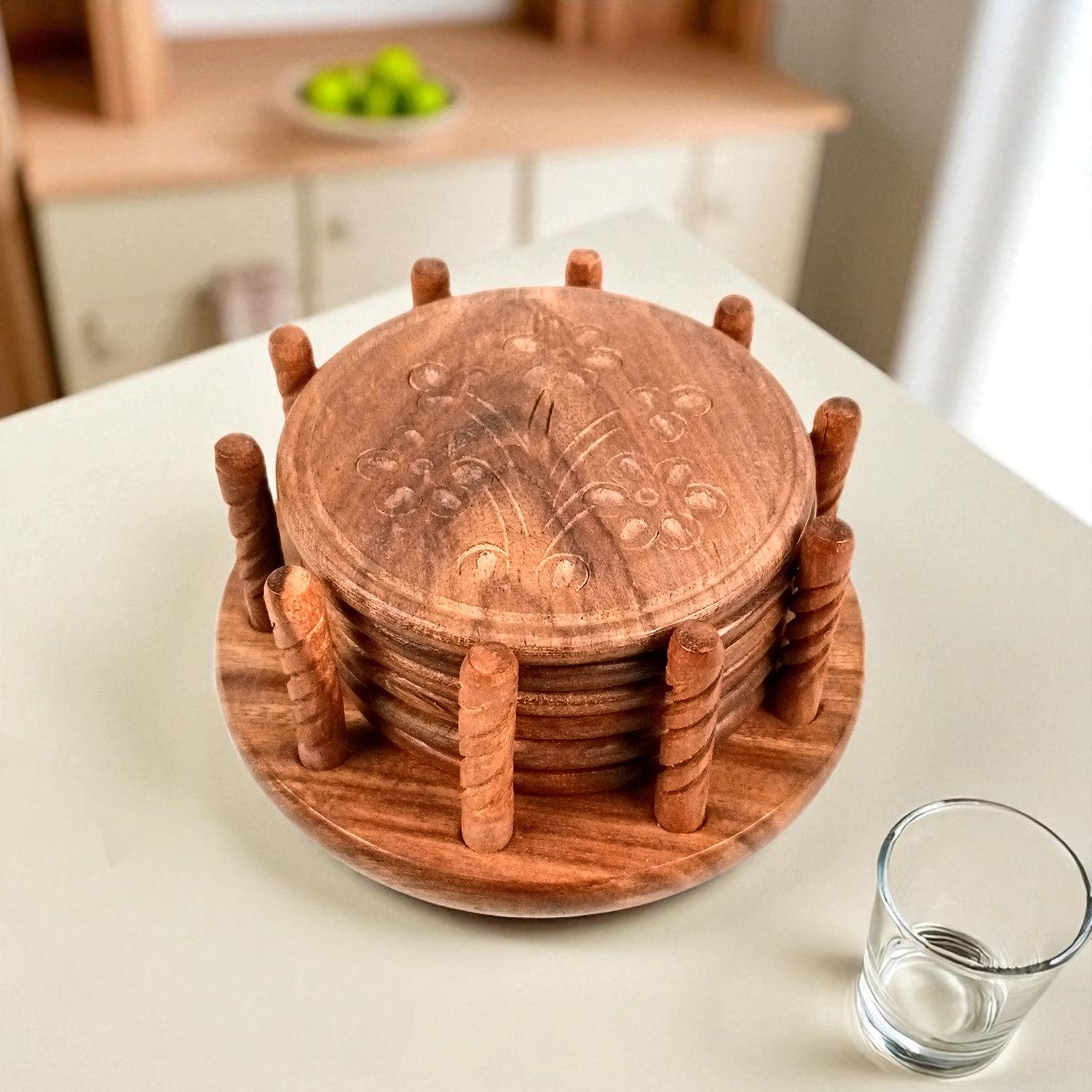 Tea Coasters | Wooden Coffee Coaster Set With Stand | Heat Pad | Dining Table Decor - For Kitchen, Bar, Tables, Hot Pots, Cups, Mugs - 5 Inch - Apkamart
