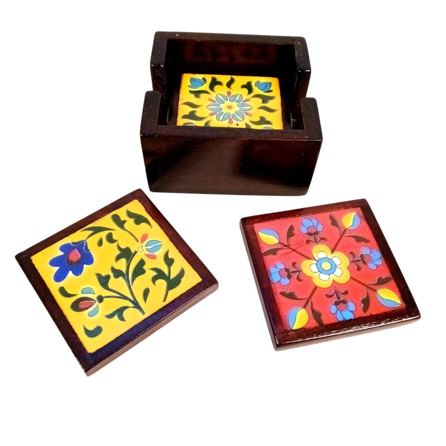 Wooden Tea Coaster Set | Handcrafted Tile Coasters for Tea, Coffee & Drinks | Wooden Table Coasters for Dining, Office, Kitchen & Home Decor - 4 Inch - Apkamart