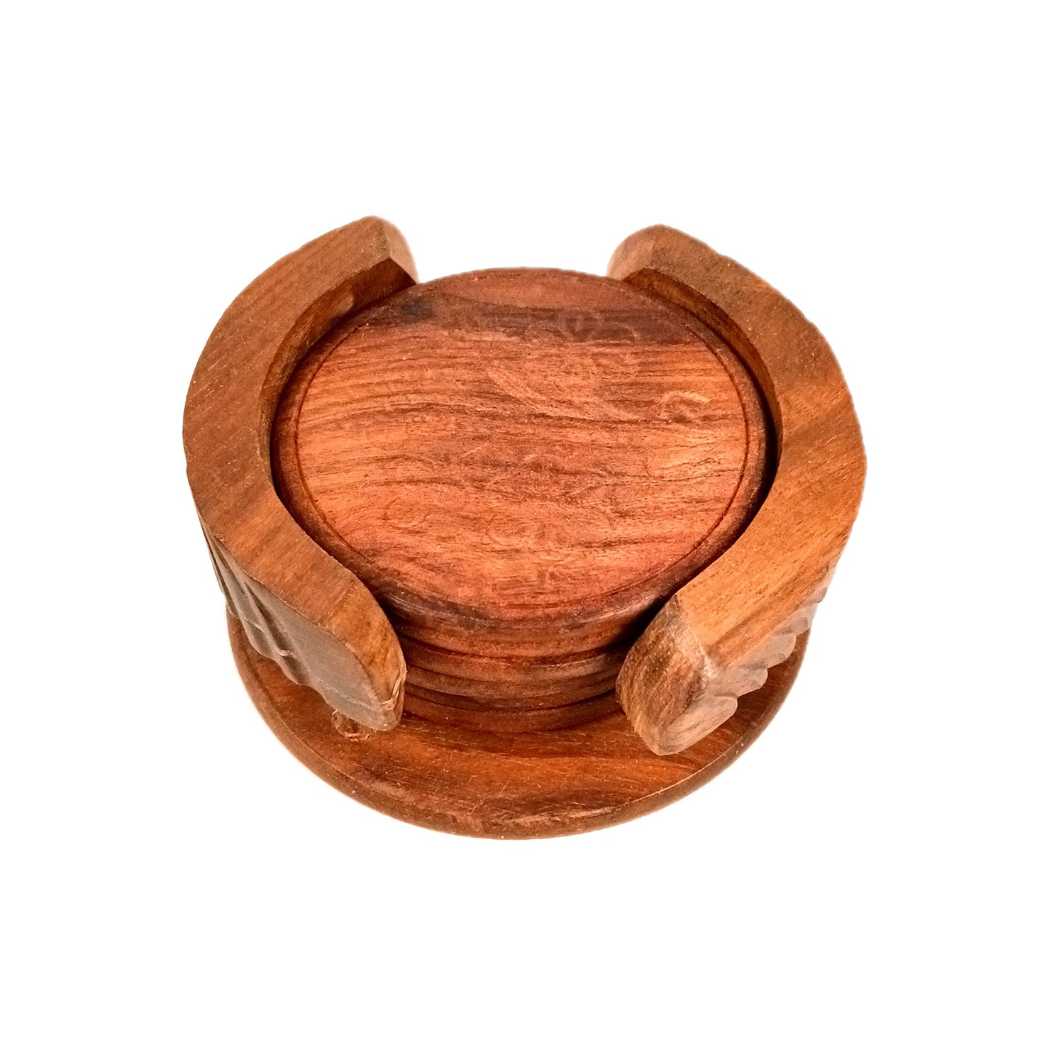 Tea Coasters | Wooden Coffee Coaster Set With Stand | Heat Pad | Dining Table Decor - For Kitchen, Bar, Tables, Hot Pots, Cups, Mugs - 4 Inch - Apkamart