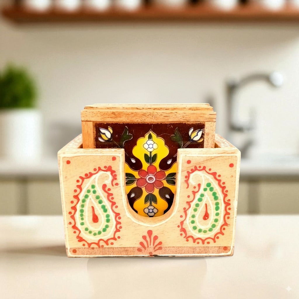 Wooden Tea Coaster Set | Handcrafted Tile Coasters for Tea, Coffee & Drinks | Wooden Table Coasters for Dining, Office & Home Decor - 4 Inch - Apkamart