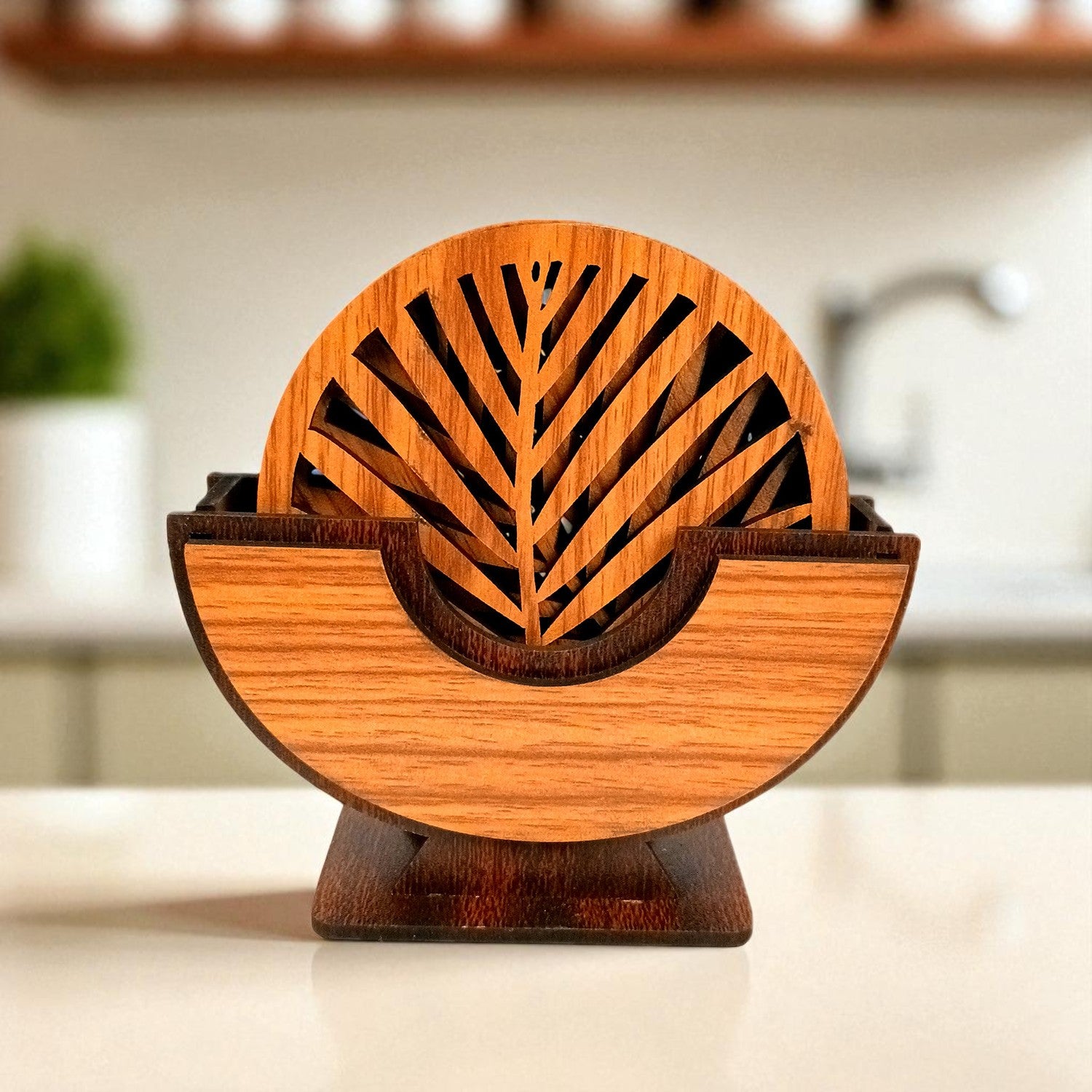 Tea Coasters | Wooden Coffee Coaster Set With Stand | Heat Pad | Dining Table Decor - For Kitchen, Tables, Hot Pots, Cups, Mugs - 5 Inch - Apkamart