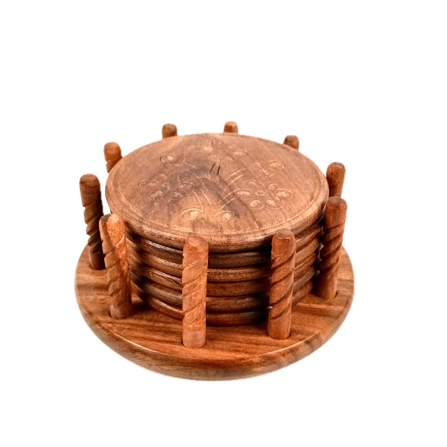 Tea Coasters | Wooden Coffee Coaster Set With Stand | Heat Pad | Dining Table Decor - For Kitchen, Bar, Tables, Hot Pots, Cups, Mugs - 5 Inch - Apkamart