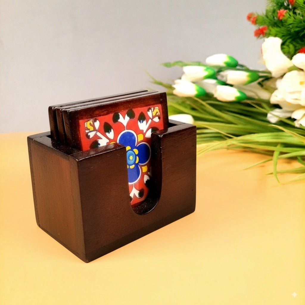 Wooden Tea Coaster Set | Handcrafted Tile Coasters for Tea, Coffee & Drinks | Wooden Table Coasters for Dining, Office & Home Decor - 4 Inch - Apkamart