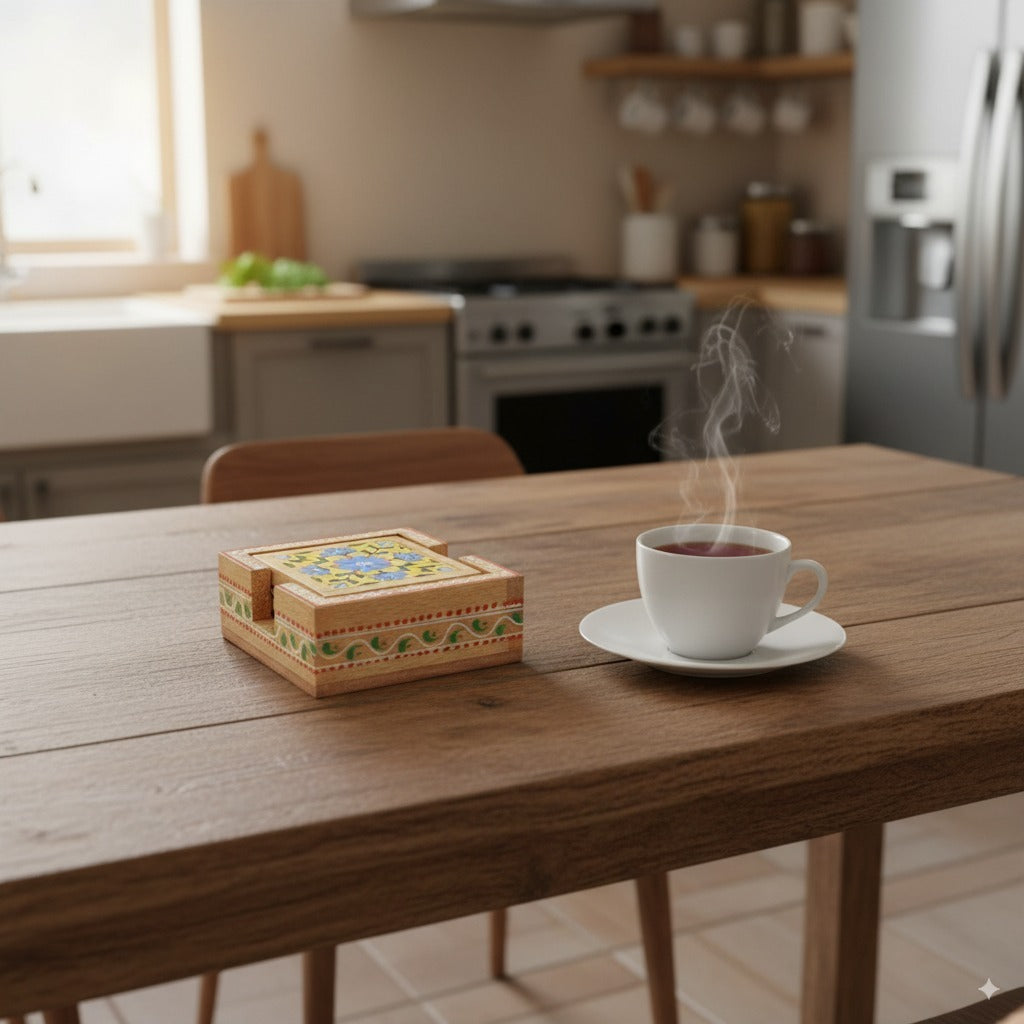 Wooden Tea Coaster Set | Handcrafted Tile Coasters for Tea, Coffee & Drinks | Wooden Table Coasters for Dining, Office, Kitchen & Home Decor - 4 Inch - Apkamart