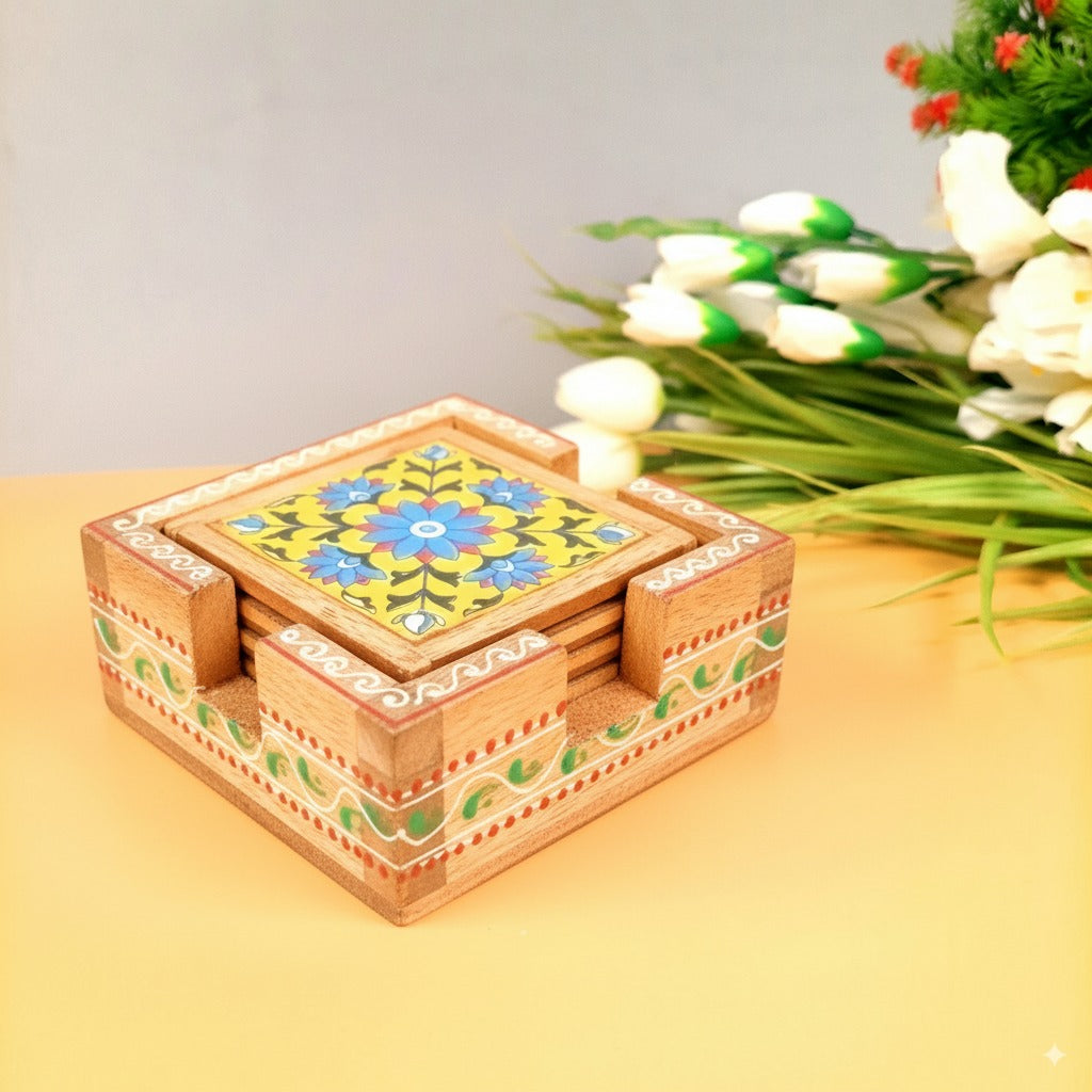 Wooden Tea Coaster Set | Handcrafted Tile Coasters for Tea, Coffee & Drinks | Wooden Table Coasters for Dining, Office, Kitchen & Home Decor - 4 Inch - Apkamart