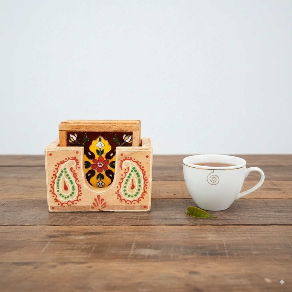 Wooden Tea Coaster Set | Handcrafted Tile Coasters for Tea, Coffee & Drinks | Wooden Table Coasters for Dining, Office & Home Decor - 4 Inch - Apkamart