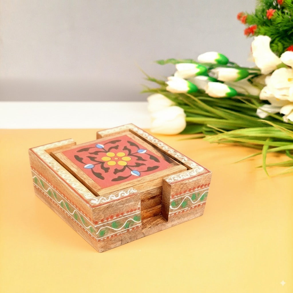 Wooden Tea Coaster Set | Handcrafted Tile Coasters for Tea, Coffee & Drinks | Wooden Table Coasters for Dining, Office, Kitchen & Home Decor - 4 Inch - Apkamart